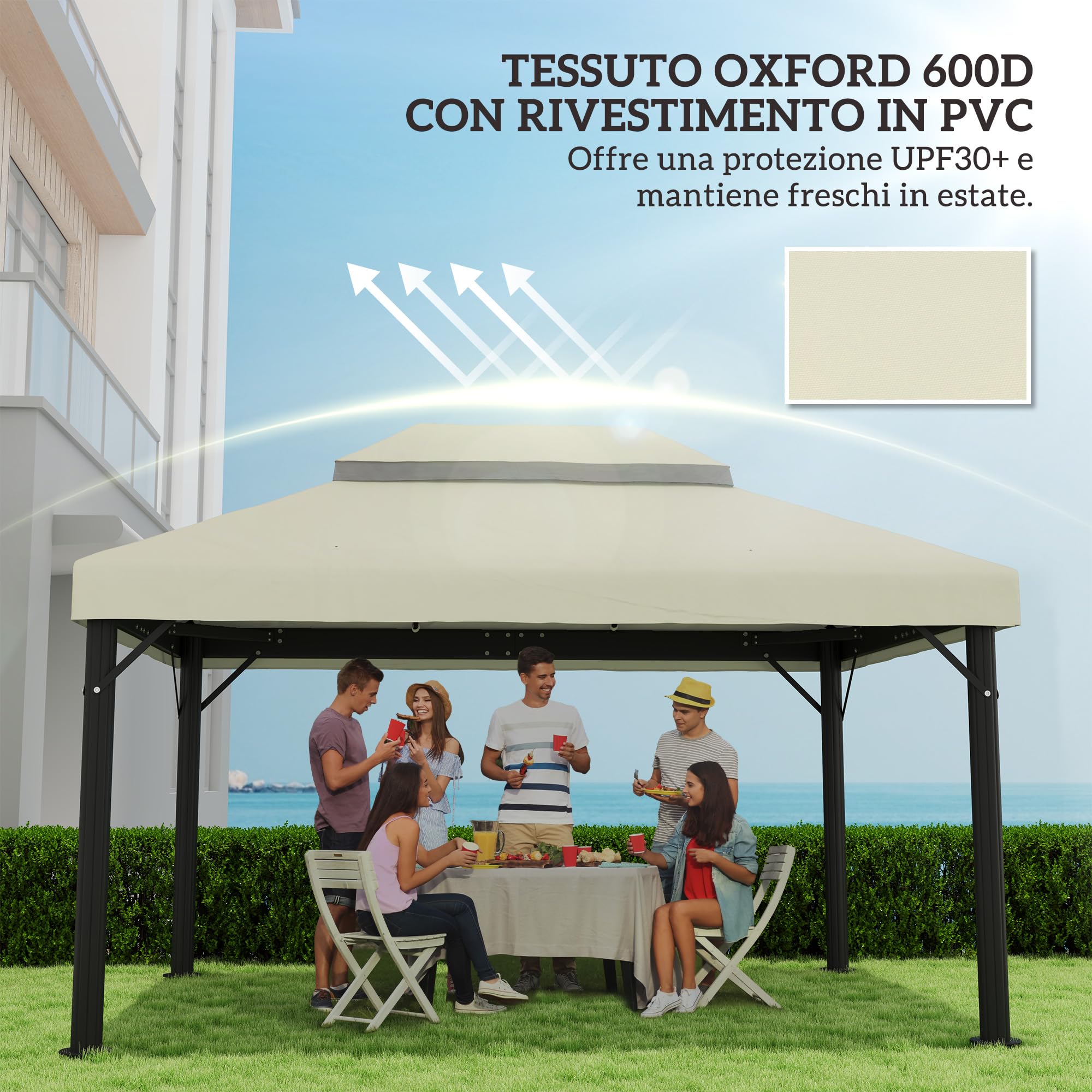 Outsunny Tetto di Ricambio per Gazebo 4x3 m a 2 Livelli Bianco Crema | da Giardino, Telo Gazebo, Resistente all'Acqua, Tessuto Oxford 370g/㎡, Anti-UV 30+, Fori di Drenaggio