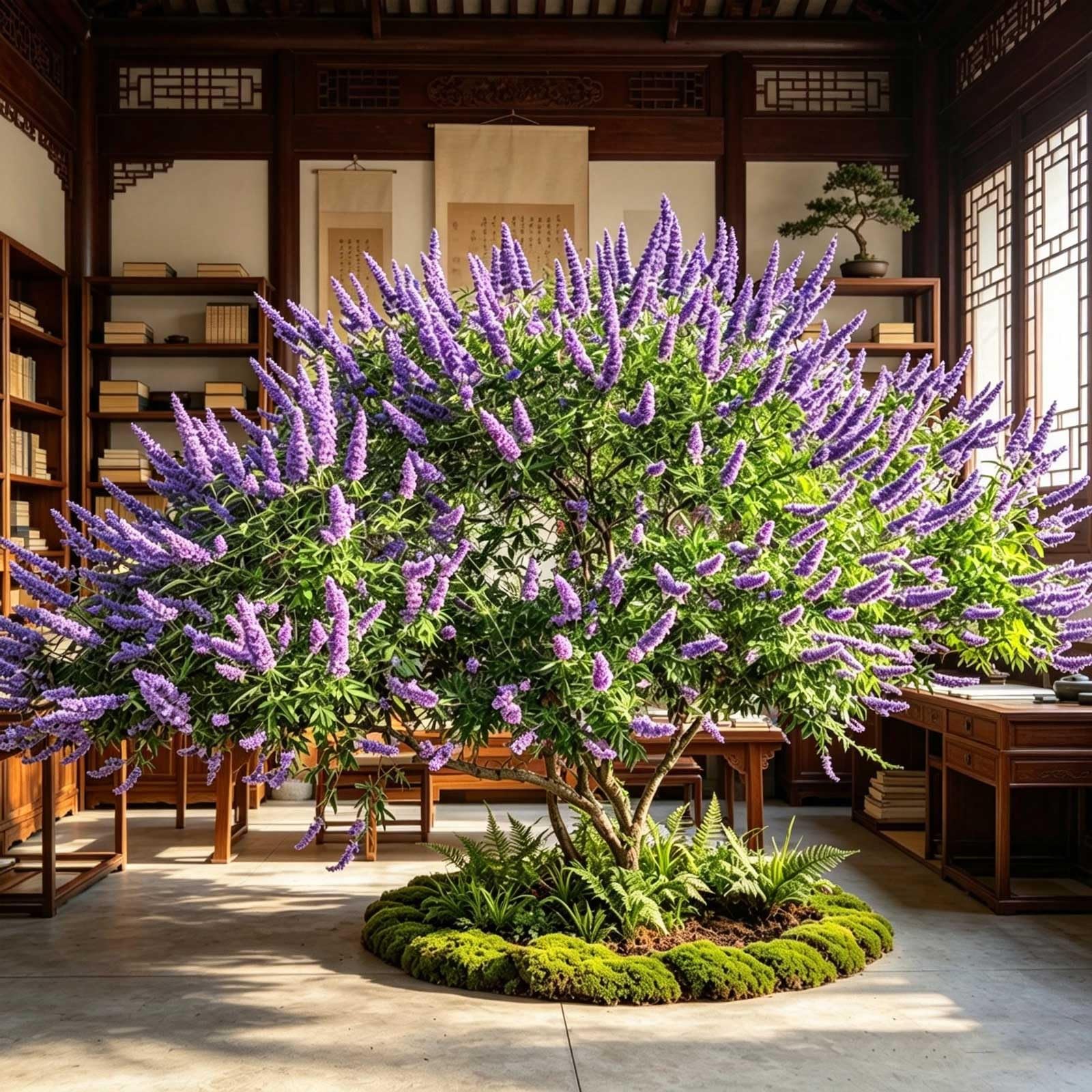 KIBONCY Oversized Realistic Artificial Chaste Tree, Long Purple Spiked Vitex Agnus-Castus Faux, Freestanding Floor Simulation Plant for Minimalist Wedding Scene Decor(4x3m)