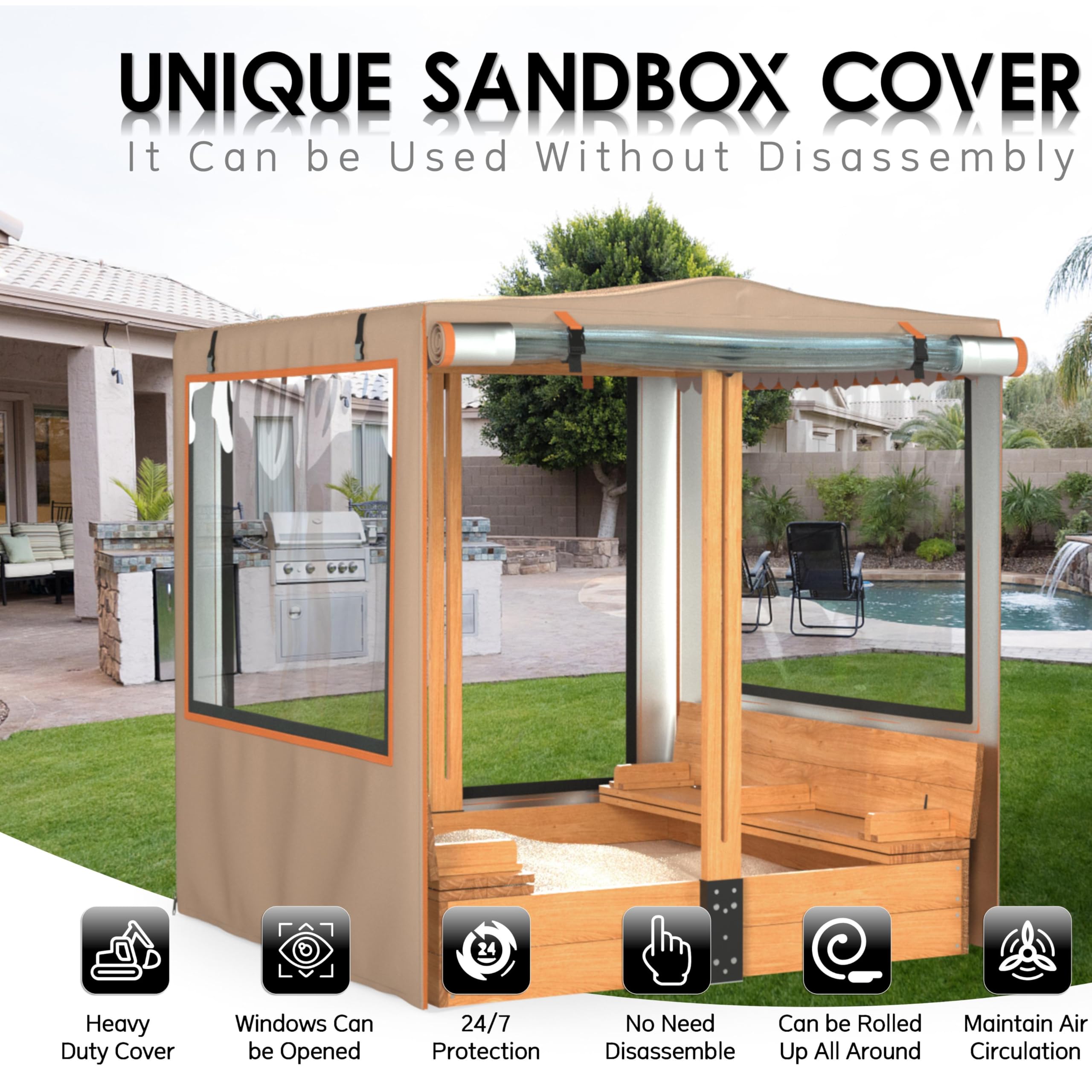 Sandbox Cover, 48” L x 48” W x 52” H,Rolls up on All Sides for use Without disassembly,Kids Wooden Sandbox with Canopy and Collapsible Bench.(Khaki)