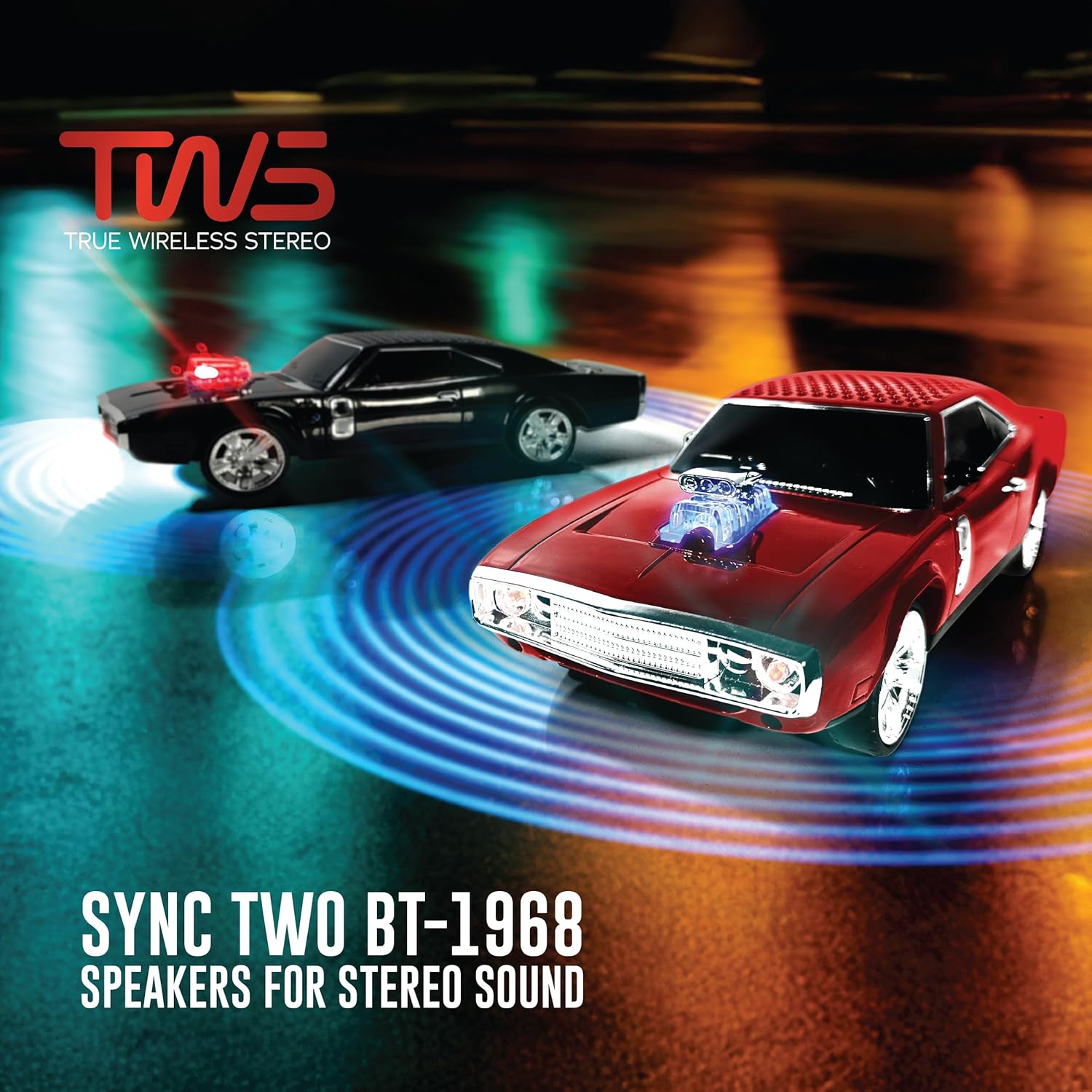 QFX Bluetooth 1968 Retro Muscle Car Replica Speaker, Dual 2-inch Speakers, Hands Free Link, Built-in Microphone, FM Radio and LED Party Lights, Red - BT-1968-RED