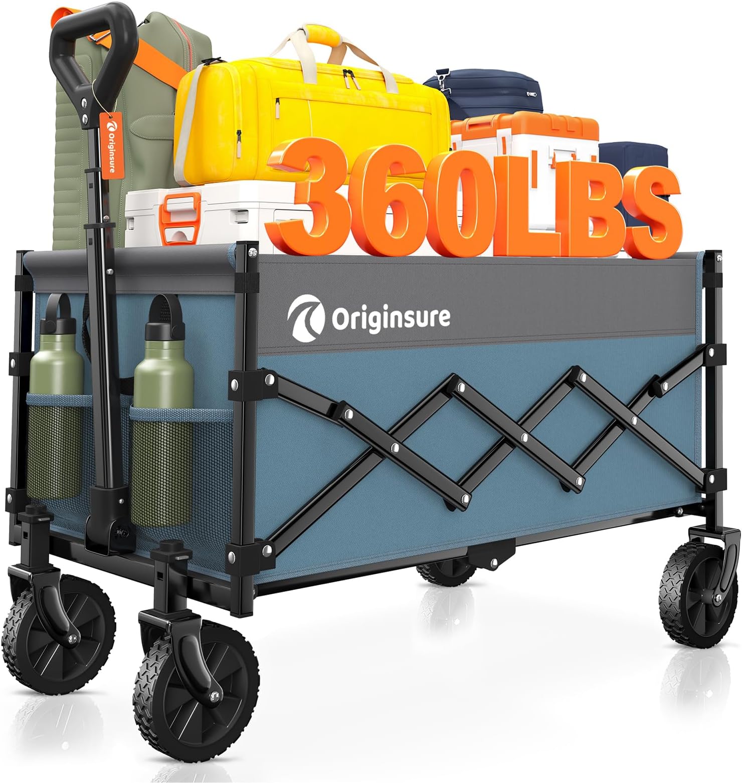 Originsure Collapsible Wagon Cart Foldable - Lightweight Portable Heavy Duty Folding Beach Wagons with Wheels - Outdoor Utility Carts for Grocery, Camping, Shopping with Large Capacity - Grey&Blue