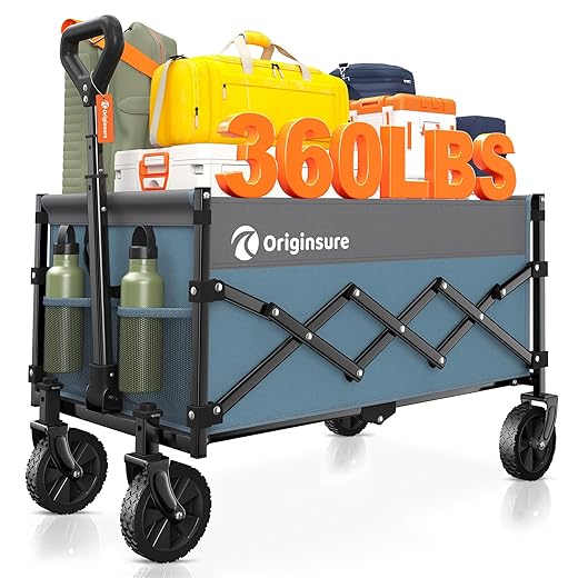 Collapsible Wagon Cart Foldable - Lightweight Portable Heavy Duty Folding Beach Wagons with Wheels - Outdoor Utility Carts for Grocery, Camping, Shopping with Large Capacity - Grey&Blue