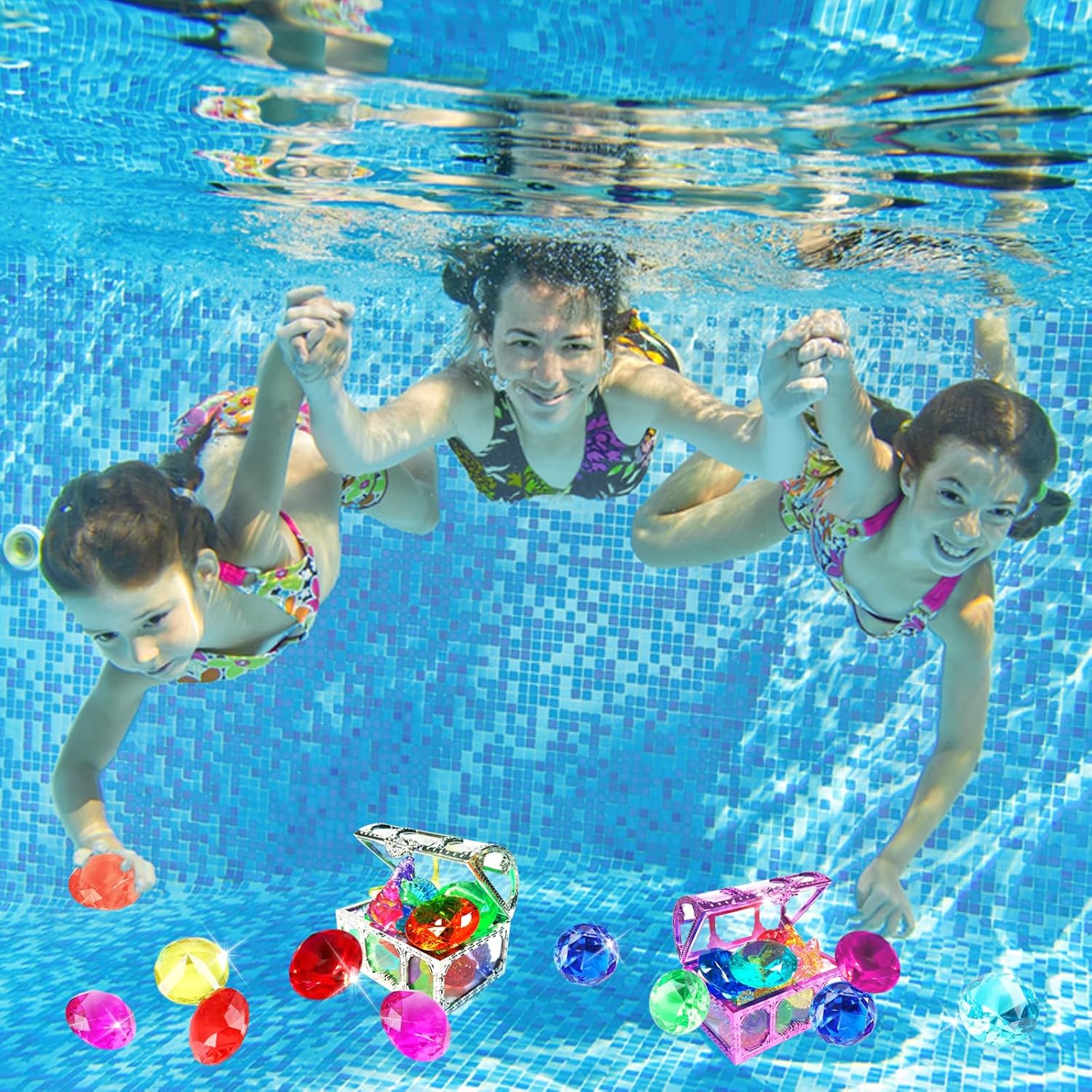 60+ Pcs Diving Gems Pool Toys Big Colorful Diamonds Set with Treasure Chest Swim Dive Toys for Kids Underwater Gemstone Swimming Training Gift Water Pool Sinking Games(Silver and Purple)