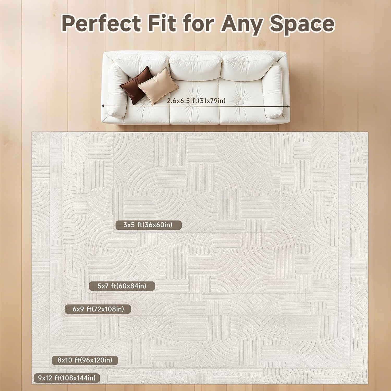 Pauwer Washable Area Rugs for Living Room 3x5, Modern Ultra Soft Fluffy Rugs for Bedroom, Non Slip Boho Indoor Mat Floor Carpet Cover for Kids Room Dining Room Kitchen Office, Beige