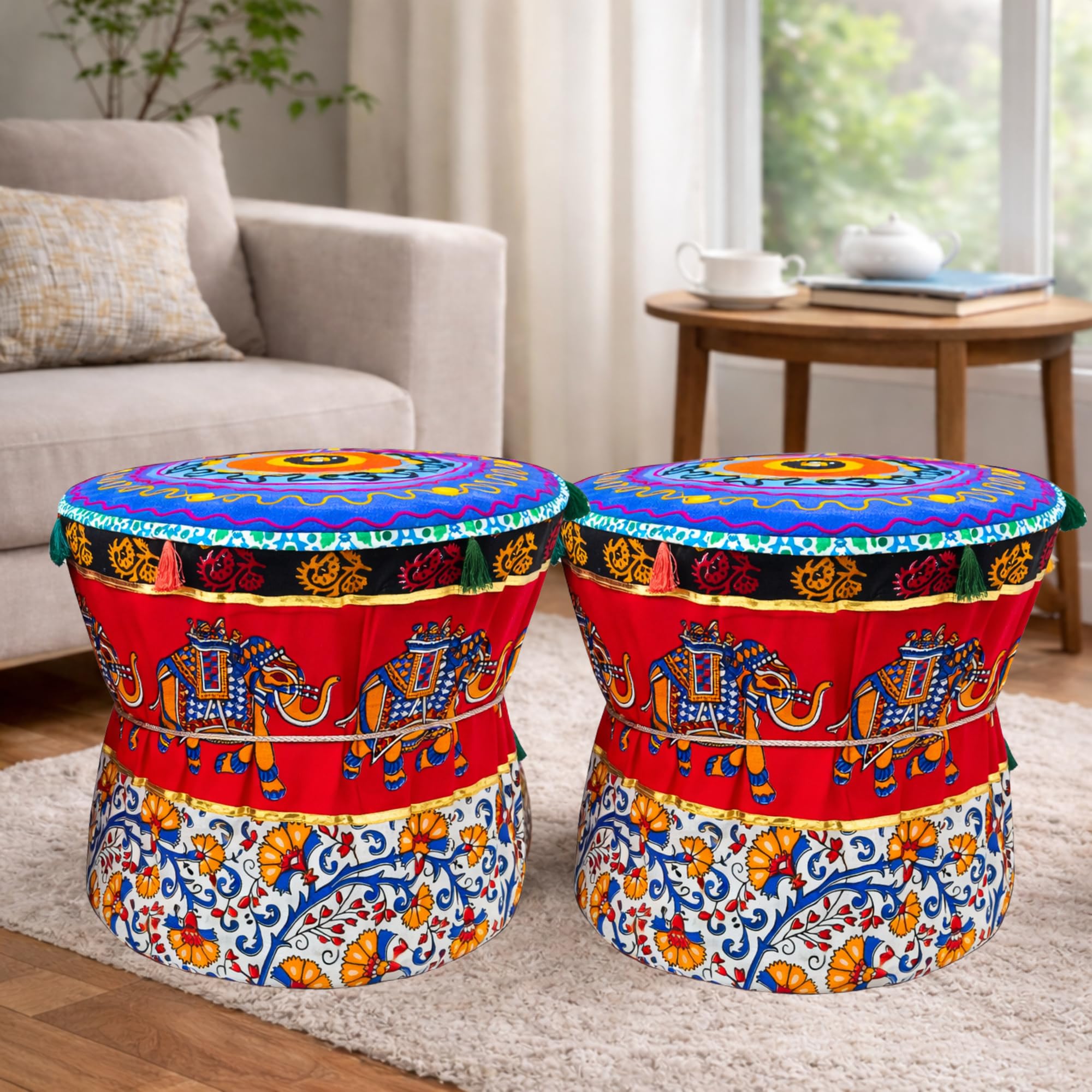 Red Elephant Traditional Boho Pouffe Ottoman Cover Round Mandala Print Cotton Footstool Set of 2 Pieces Cover ONLY-image-16