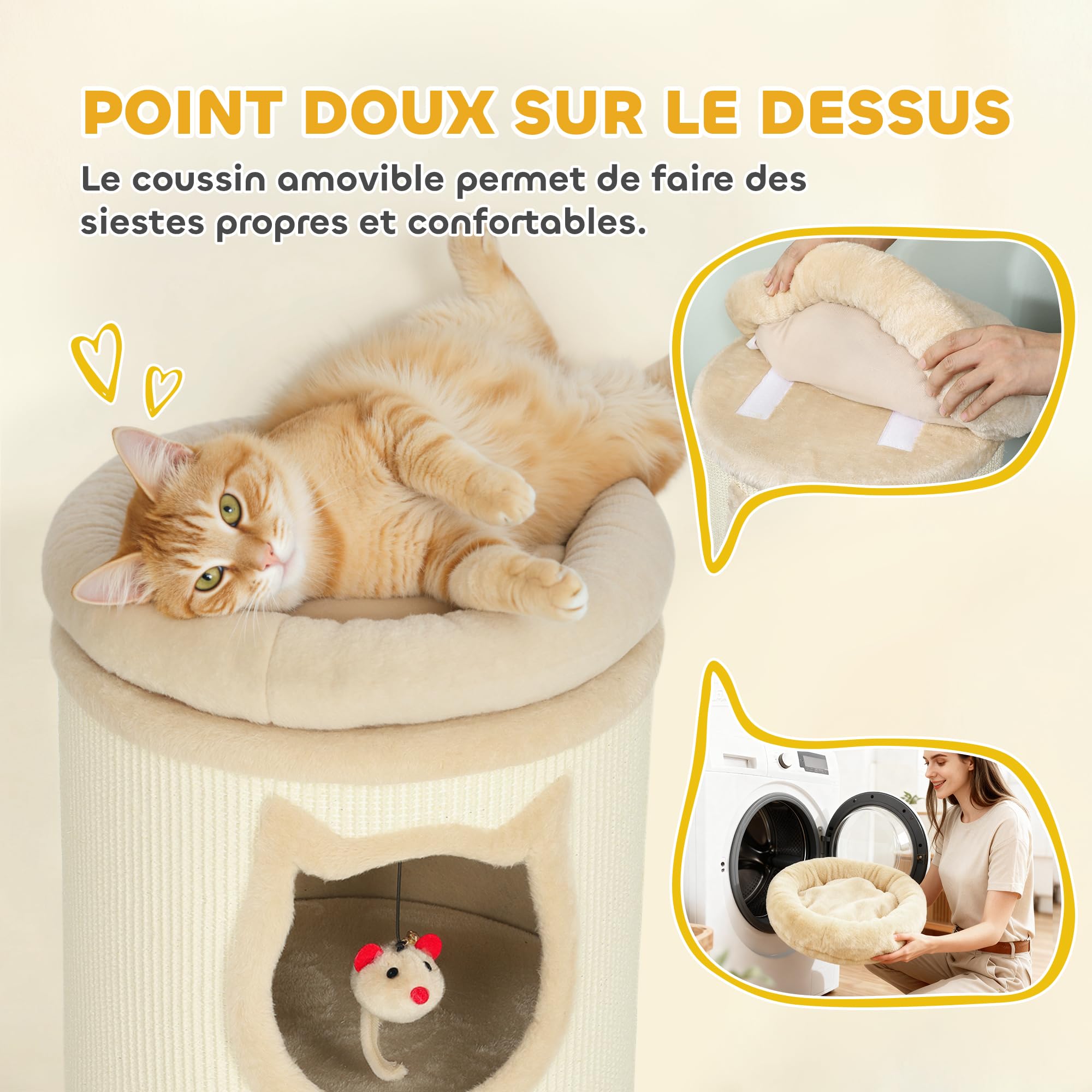 PawHut Tonneau à gratter 96 cm, Tour à griffer en sisal et Bord en Peluche, 3 Niveaux avec Plate-Forme, Arbre à Chat Stable pour Petits et Grands Chats, Parfait pour Griffes & Jeu, Ø 38 cm, crème