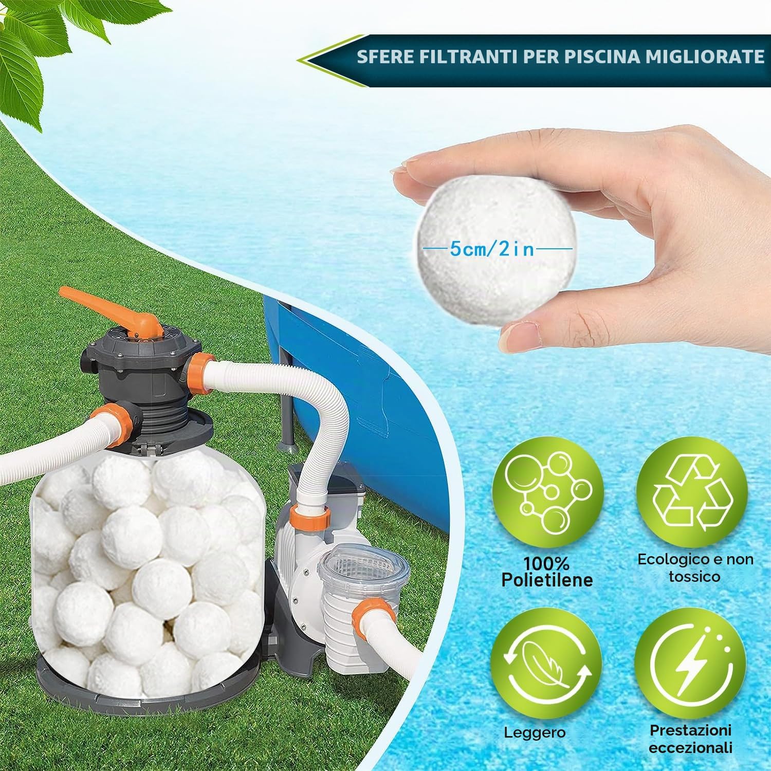 2260 G Sfere Filtranti per Piscina(Sostituiscono di 85kg di Sabbia Filtrante), Palline per Filtro Piscina con Retina per il Lavaggio/Riutilizzabili/Lavabili in Lavatrice, Adatte Pompe Filtro