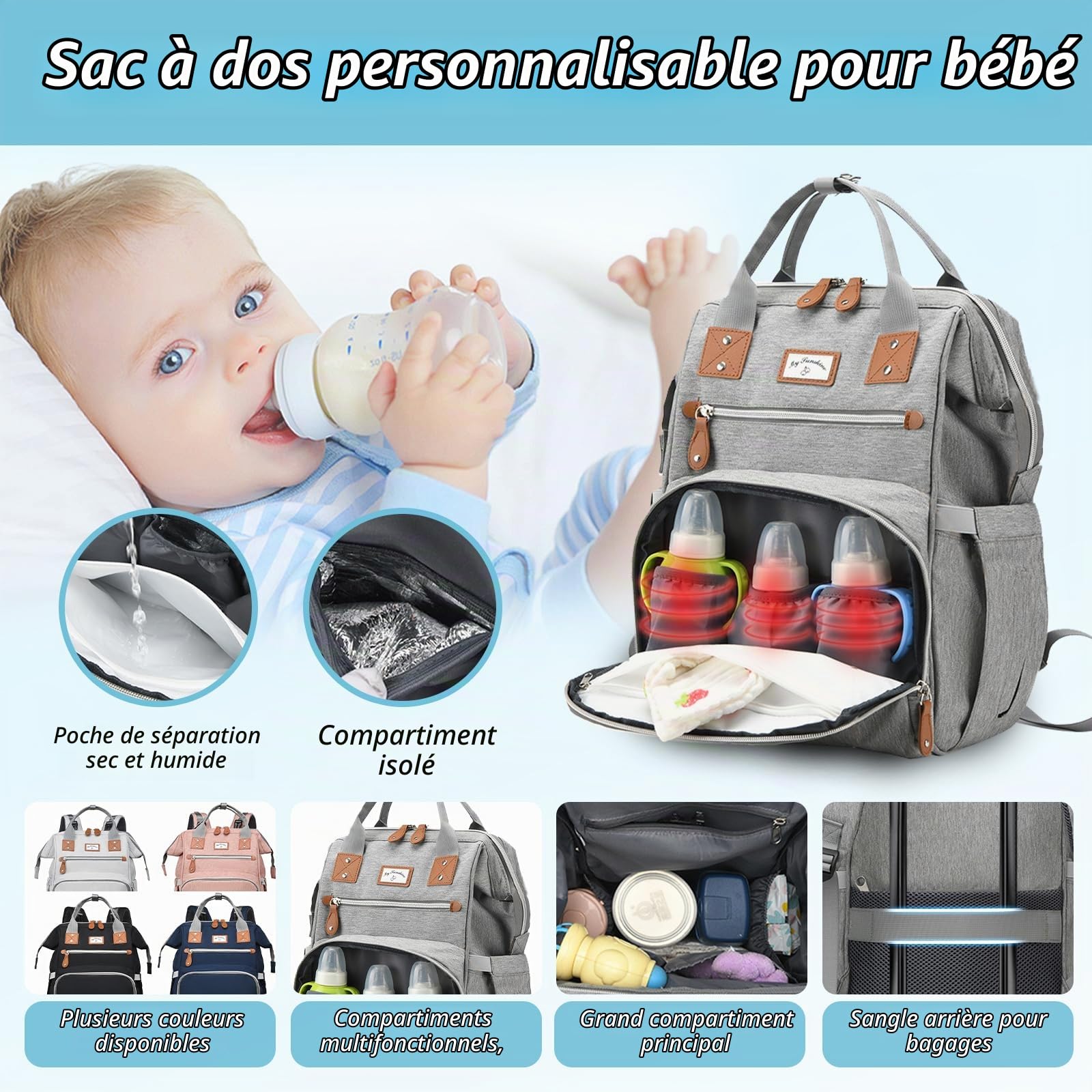 Sac à Langer Personnalisé avec Animaux et Prénom | Sac à Dos pour Bébé Garçon et Fille | Cadeau pour Nouveaux Parents, Baptême, 1er Jour des Mères
