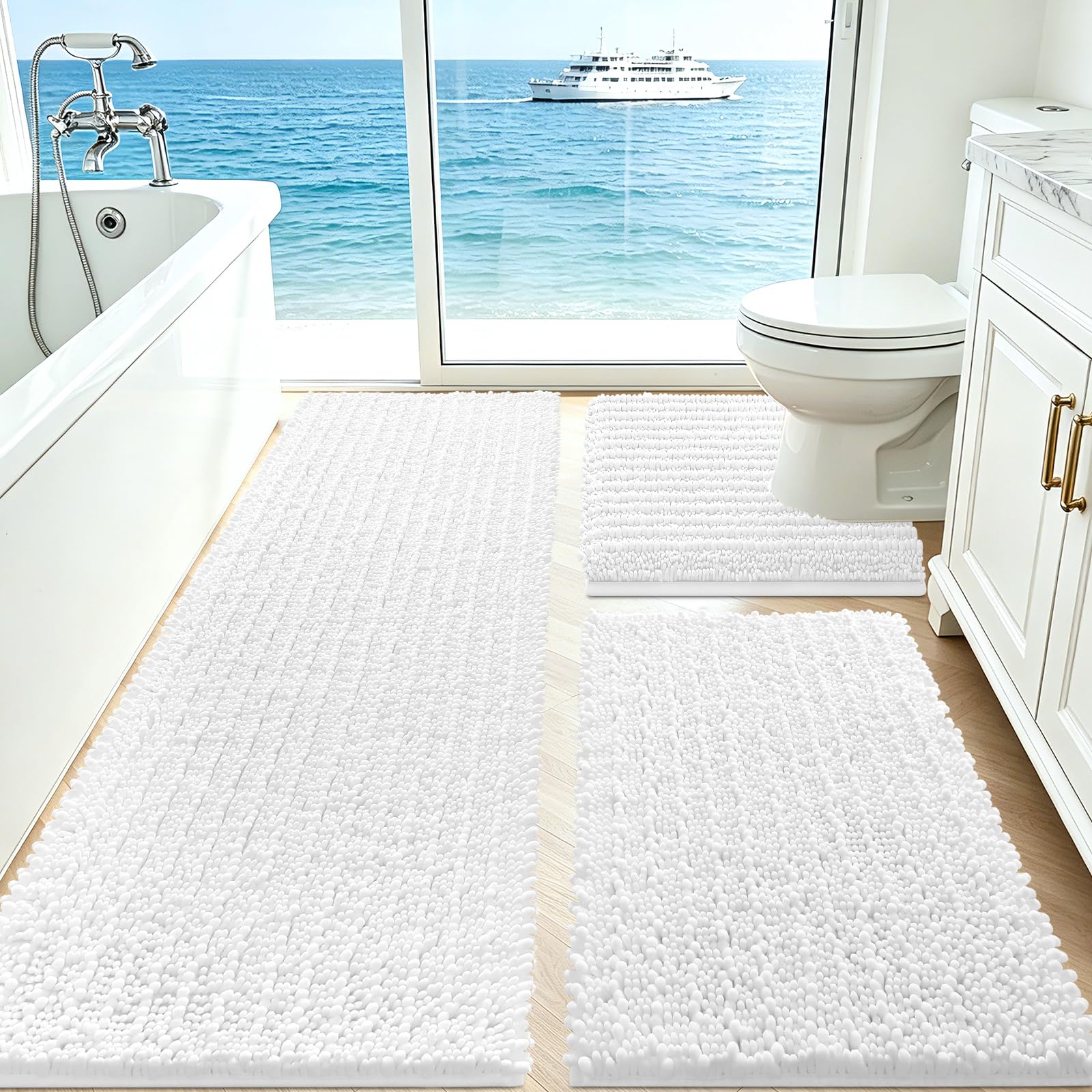 ACCUMTEK Upgrade Extra Large White Bathroom Rug Set 3 Pieces Ultra Soft, Thick Absorbent Bath Mats, Non Slip Chenille Toilet Mat for Bathroom, Bedroom, Kitchen