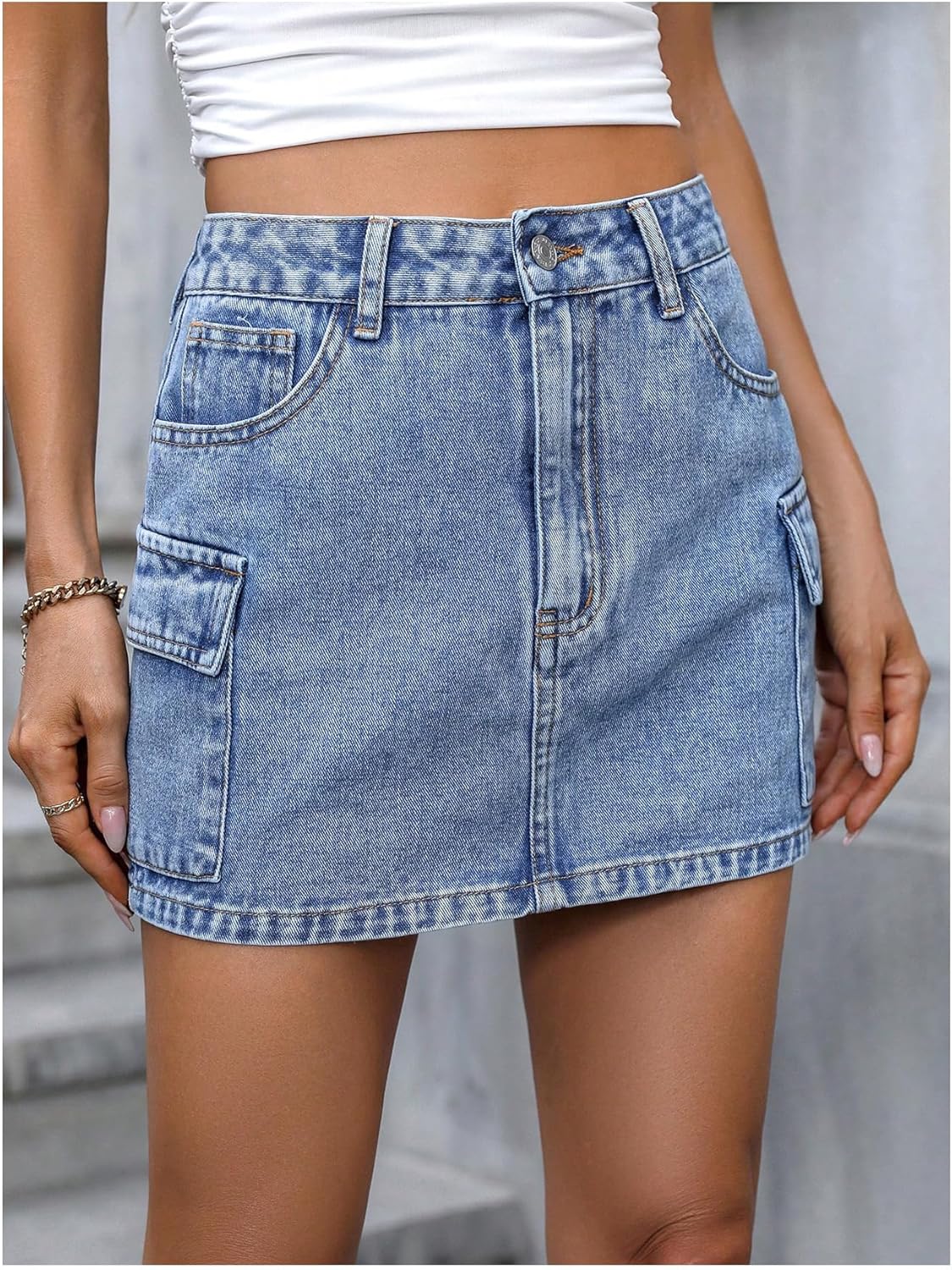 SHENHE Women's Jean Mini Skirt Flap Pocket Cargo Denim Skirt
