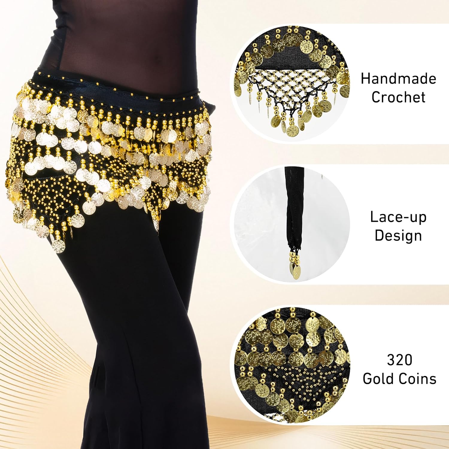 Belly Dance Hip Scarf, Belly Dancer Outfit with 320Pcs Dangling Coins - for Belly Dancing, Yoga, and Dance Training image 3