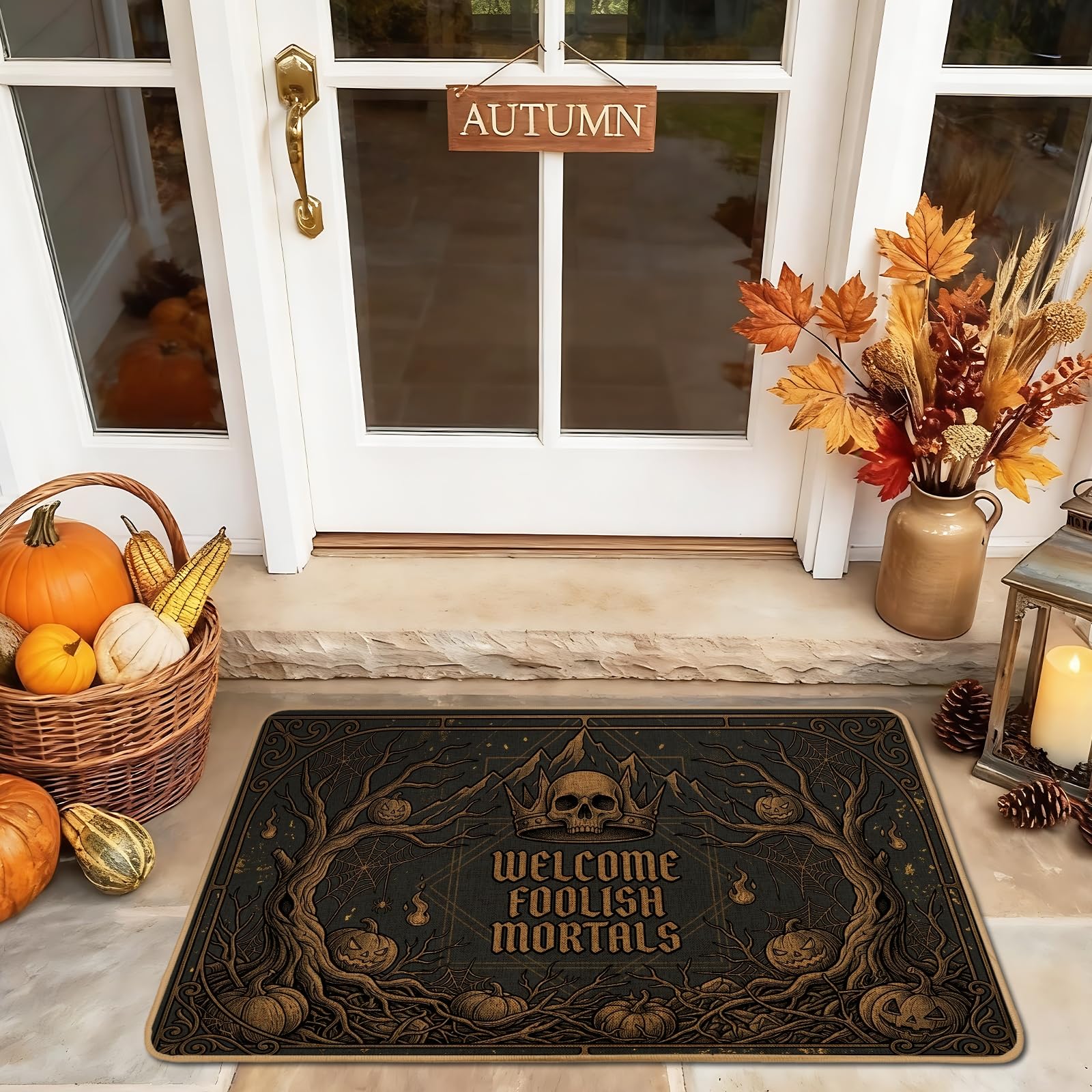 Tapis de bienvenue tête de mort et citrouilles pour maison et bureau