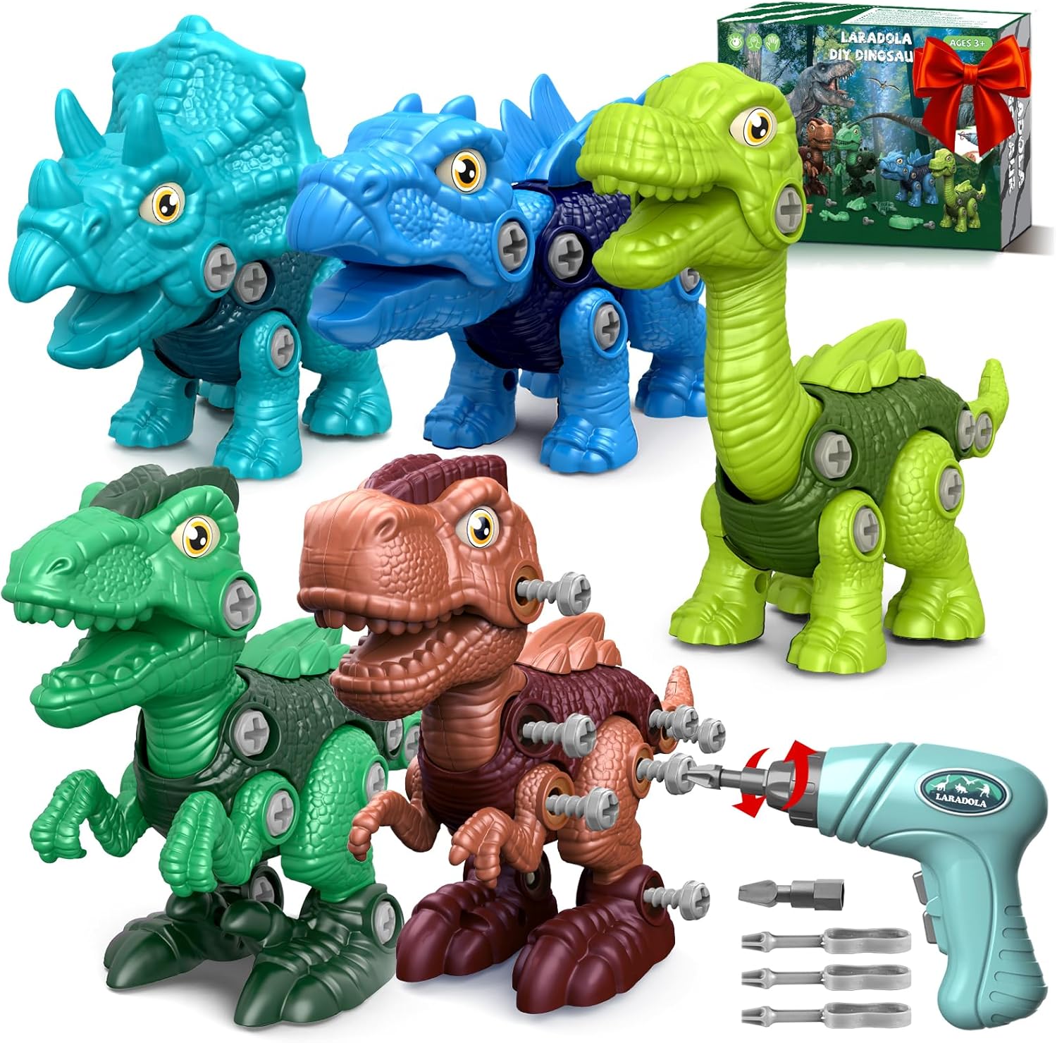 Laradola 5 Pack Stem Educational Dinosaur Toys with Wheels for Kids 3-5 5-7 Electric Drill Build Take Apart Creative Mix Assemble Toy for Preschooler Kindergardener Boys Girls Birthday