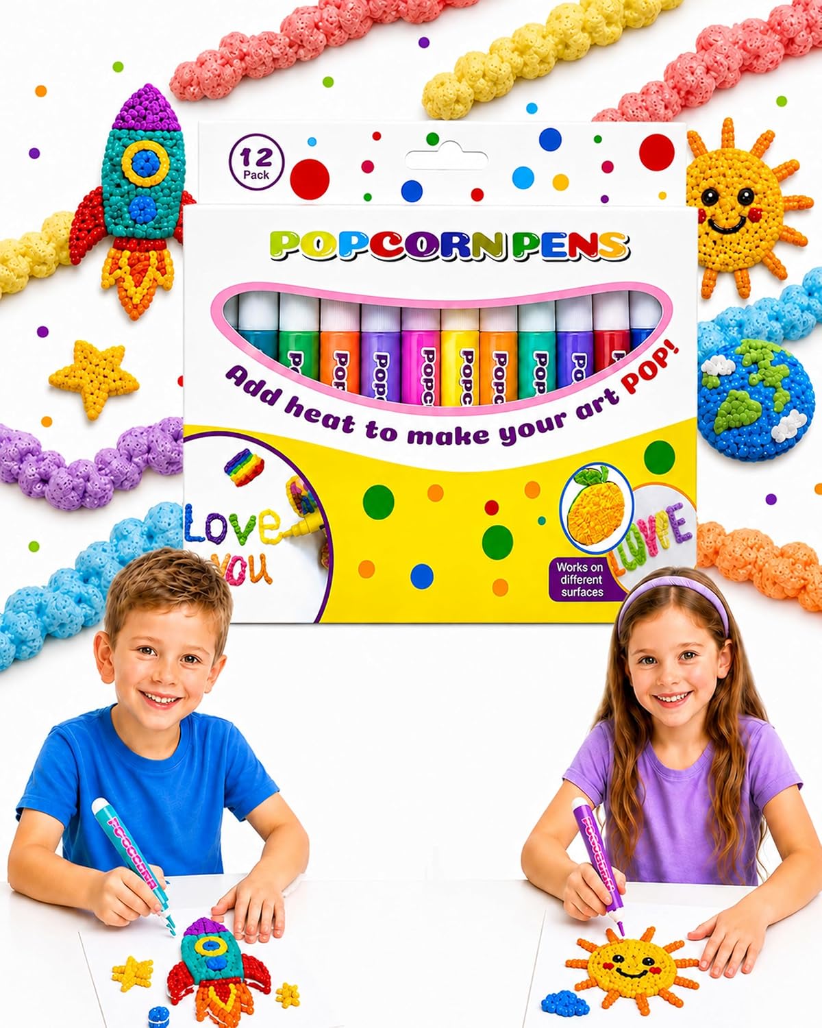 DIY Bubble Popcorn Drawing Pens, Popcorn Pens Puffy 3D Art,12Pcs