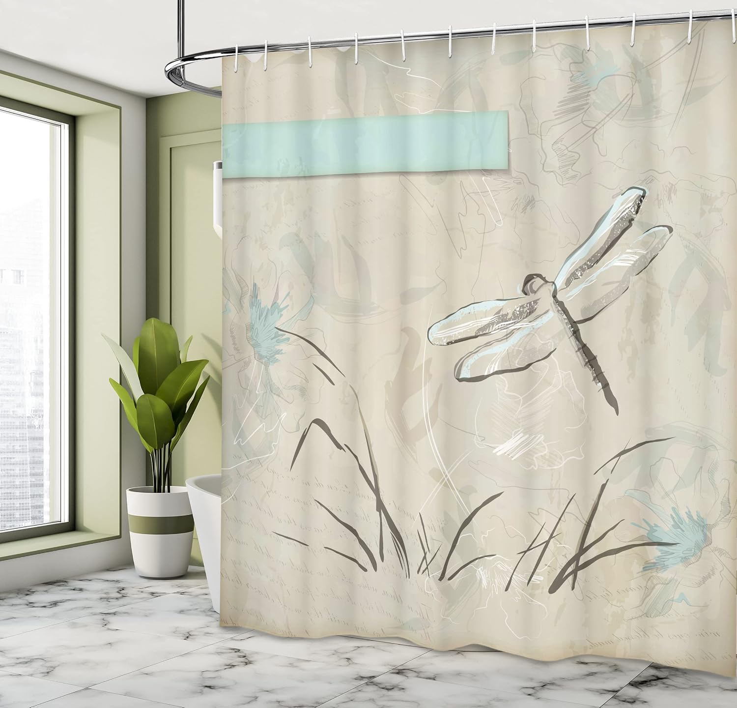 Ambesonne Dragonfly Shower Curtain, Romantic Vintage Sketch in Pastel Grass Birthday Grunge Grass Botany Art, Cloth Fabric Bathroom Decor Set with Hooks, 69" W x 84" L, Seafoam and Tan