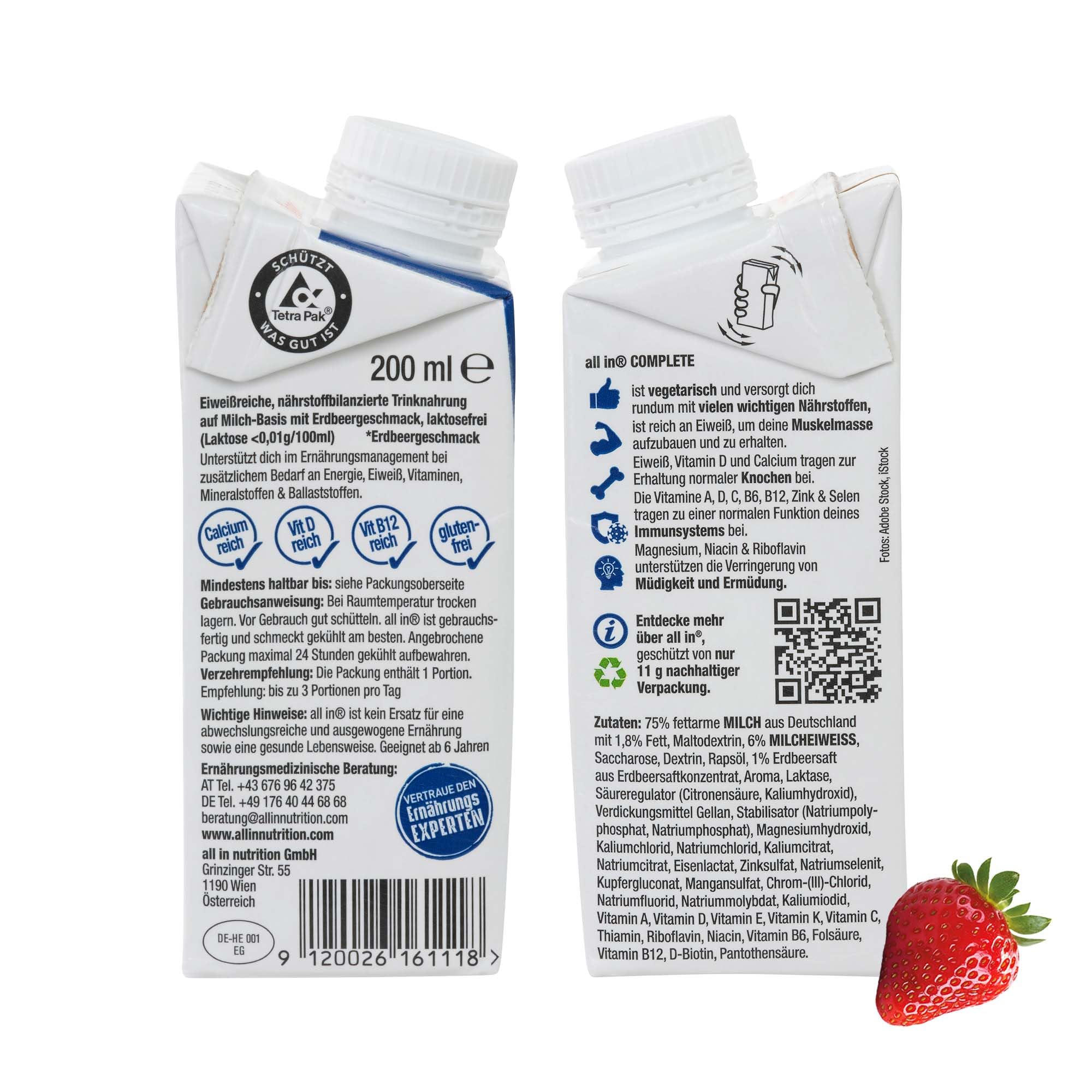 all in® COMPLETE Drink | 8 Sorten: Vanille, Kaffee, Schokolade, Erdebeere, Banane, Joghurt Orange, Johannisbeere & Hafer Kakao | hochkalorische Trinknahrung | 14 x 200/ 250ml