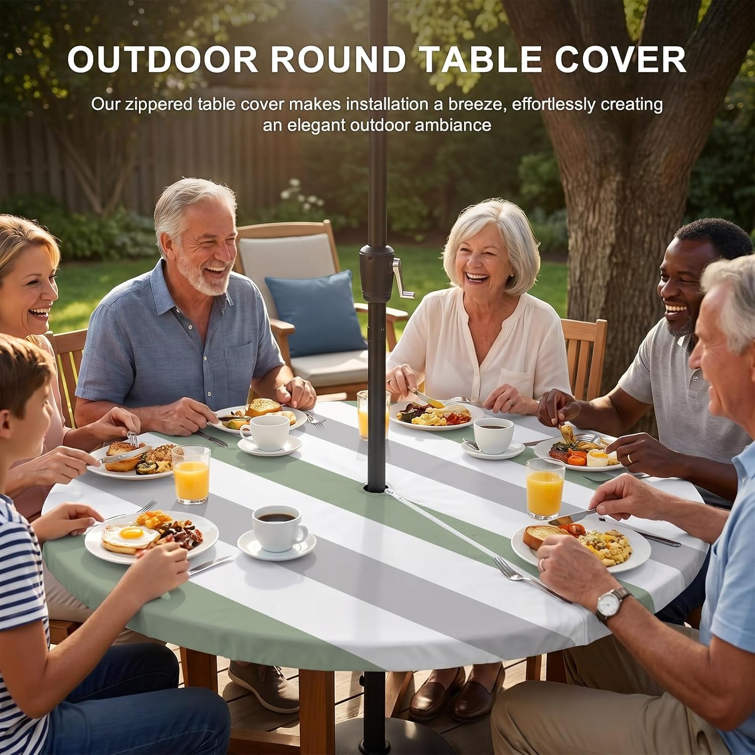 Sage Green Grey Stripe Waterproof Outdoor Tablecloth with Umbrella Hole and Zipper,Round Fitted Table Covers with Elastic,Modern Farmhouse Vertical Striped Patio Party Table Cloth Fits 36"-44" Tables image 5