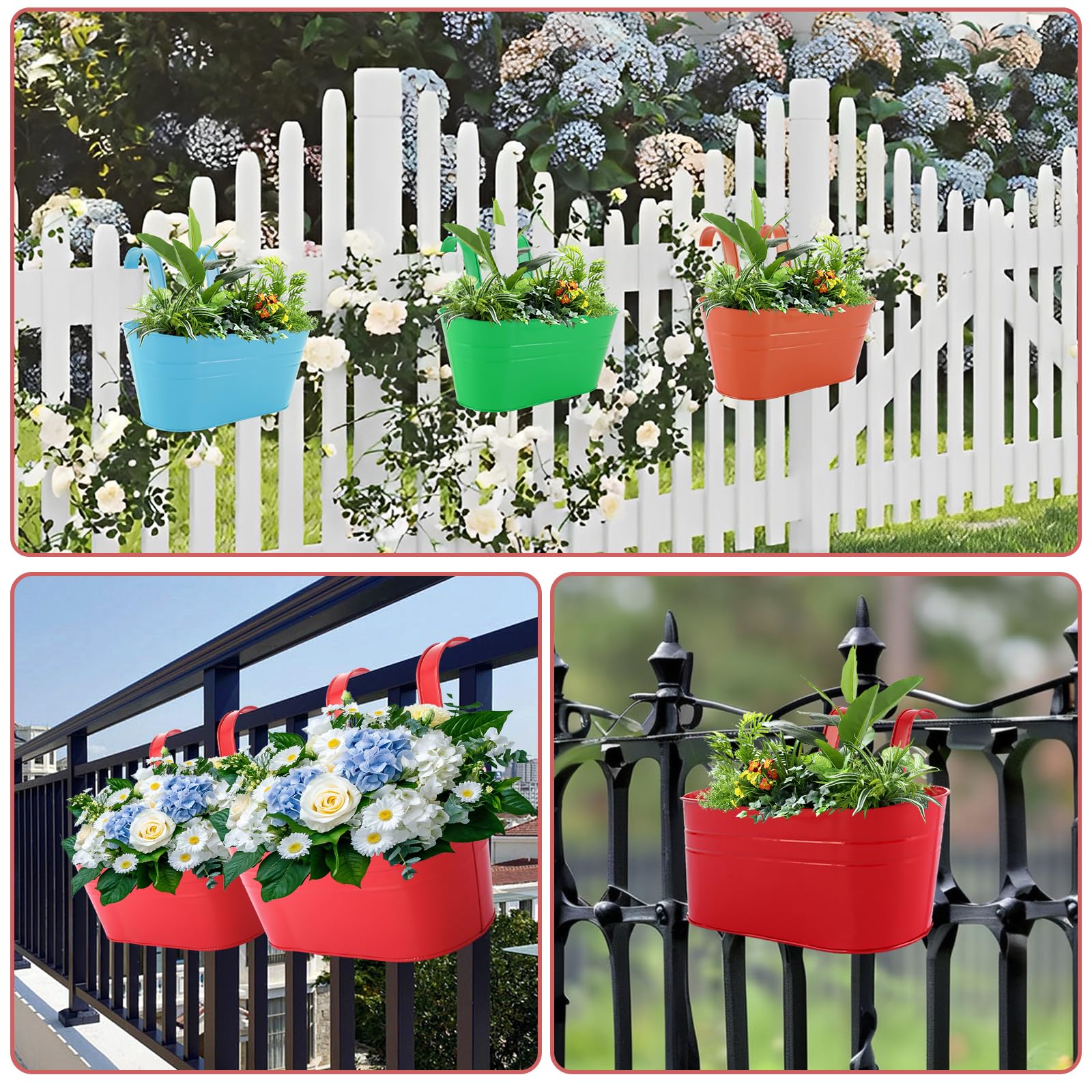 APACALI 6 macetas colgantes de metal, 28 cm, macetas para colgar, con gancho extraíble para balcón, valla, jardín, 6 colores