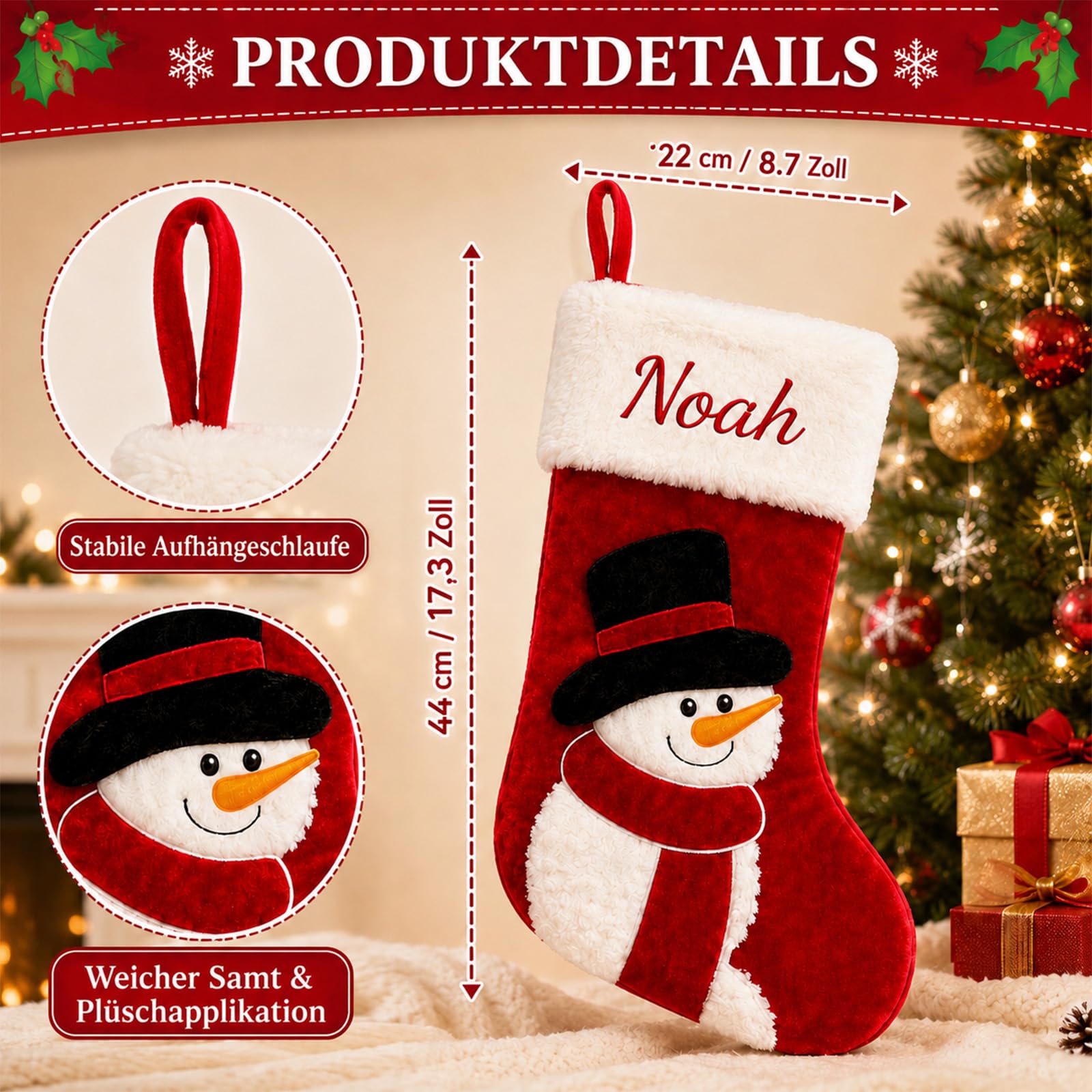 5 Stück Personalisierte Weihnachtsstrümpfe, Samt Rot, Schneemann, 44 cm