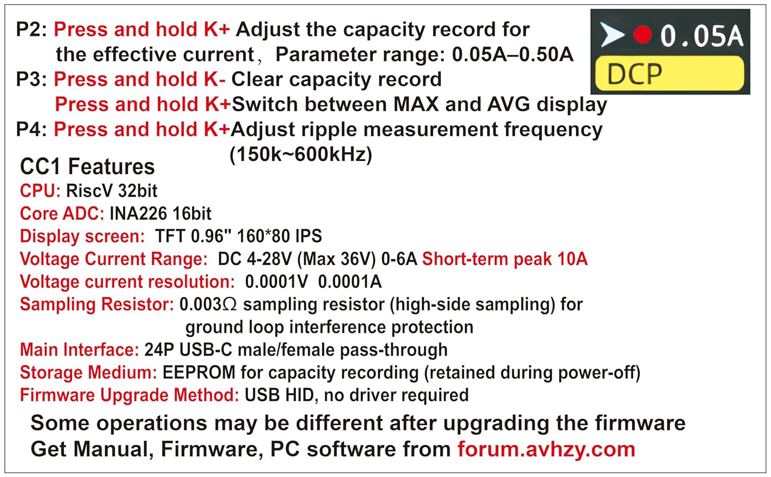 Detailed button functions for AVHzY CC1, including adjusting capacity record and ripple frequency.