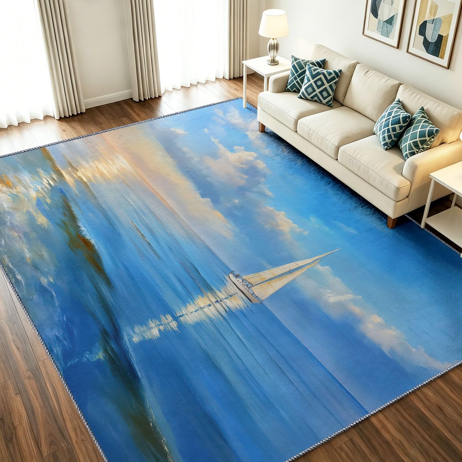 Alfombra azul de 60x90 cm lavable a máquina con olas del océano 1
