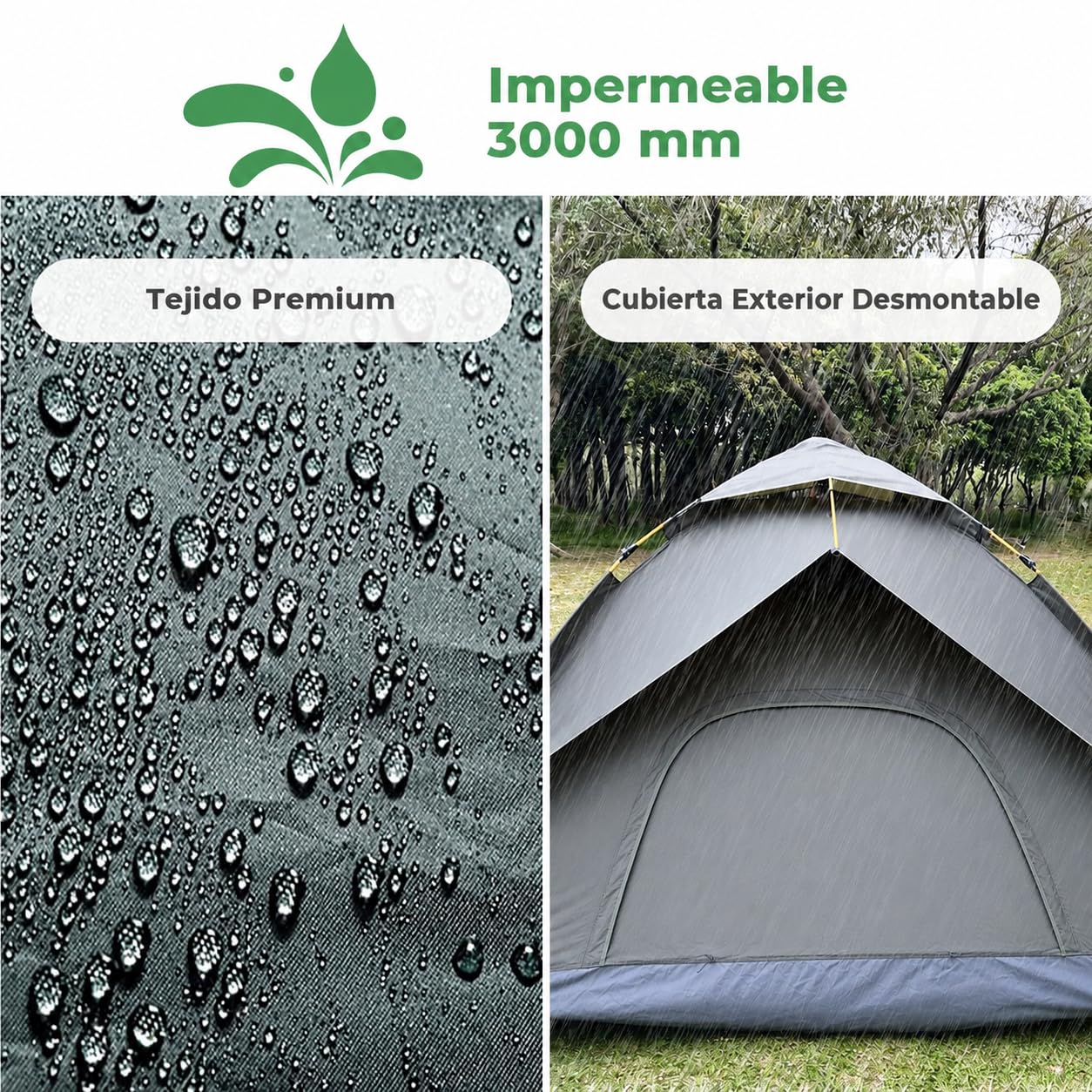 Tienda de campaña para 3 Personas, Tienda de campaña desplegable con Tienda Exterior extraíble, Tienda Interior 205 x 205 x 135 cm, Impermeable y Resistente al Viento, Tienda de campaña para Camping