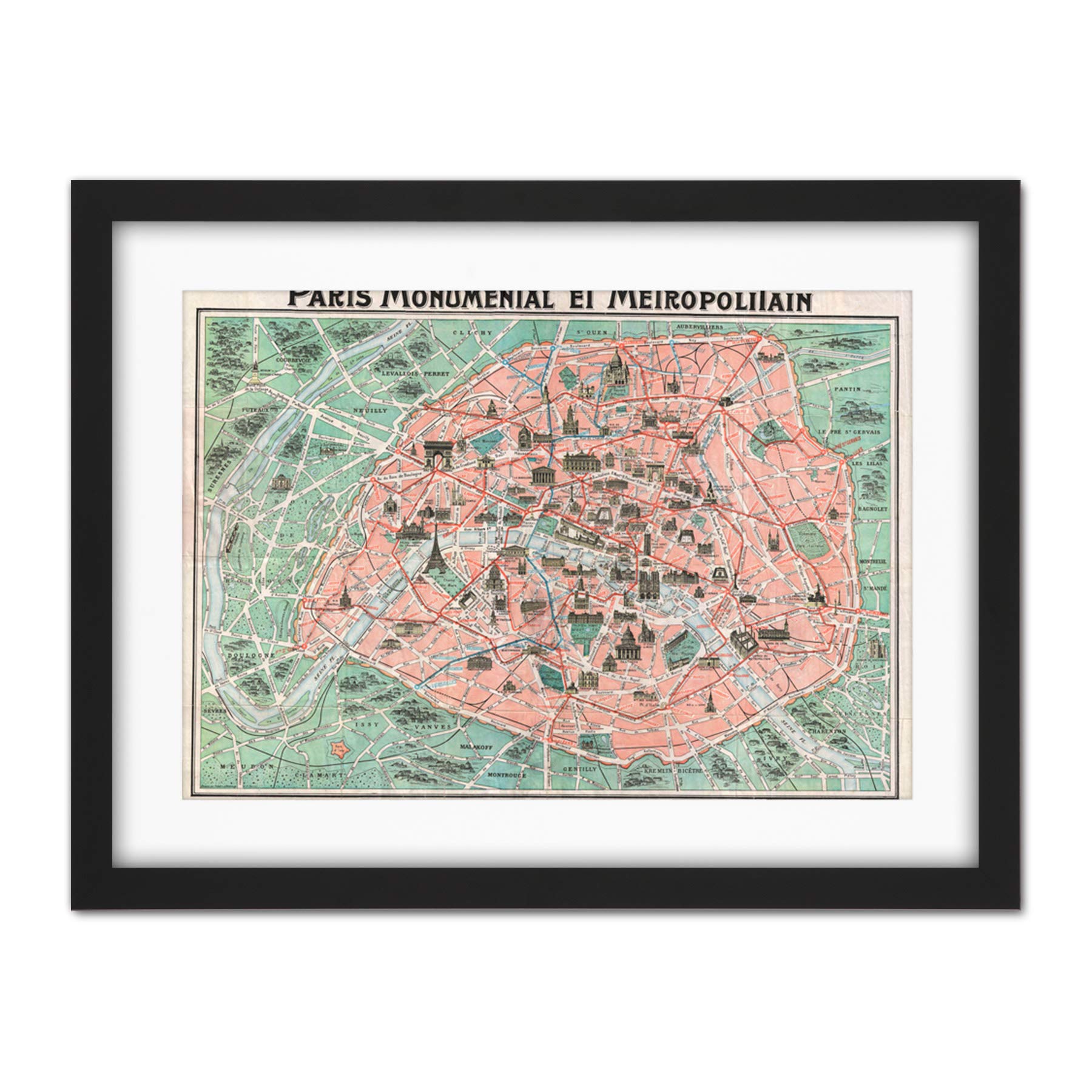 Wee Blue Coo Robelin Paris Monument Map French Artwork Framed Wall Art Print 18X24 Inch
