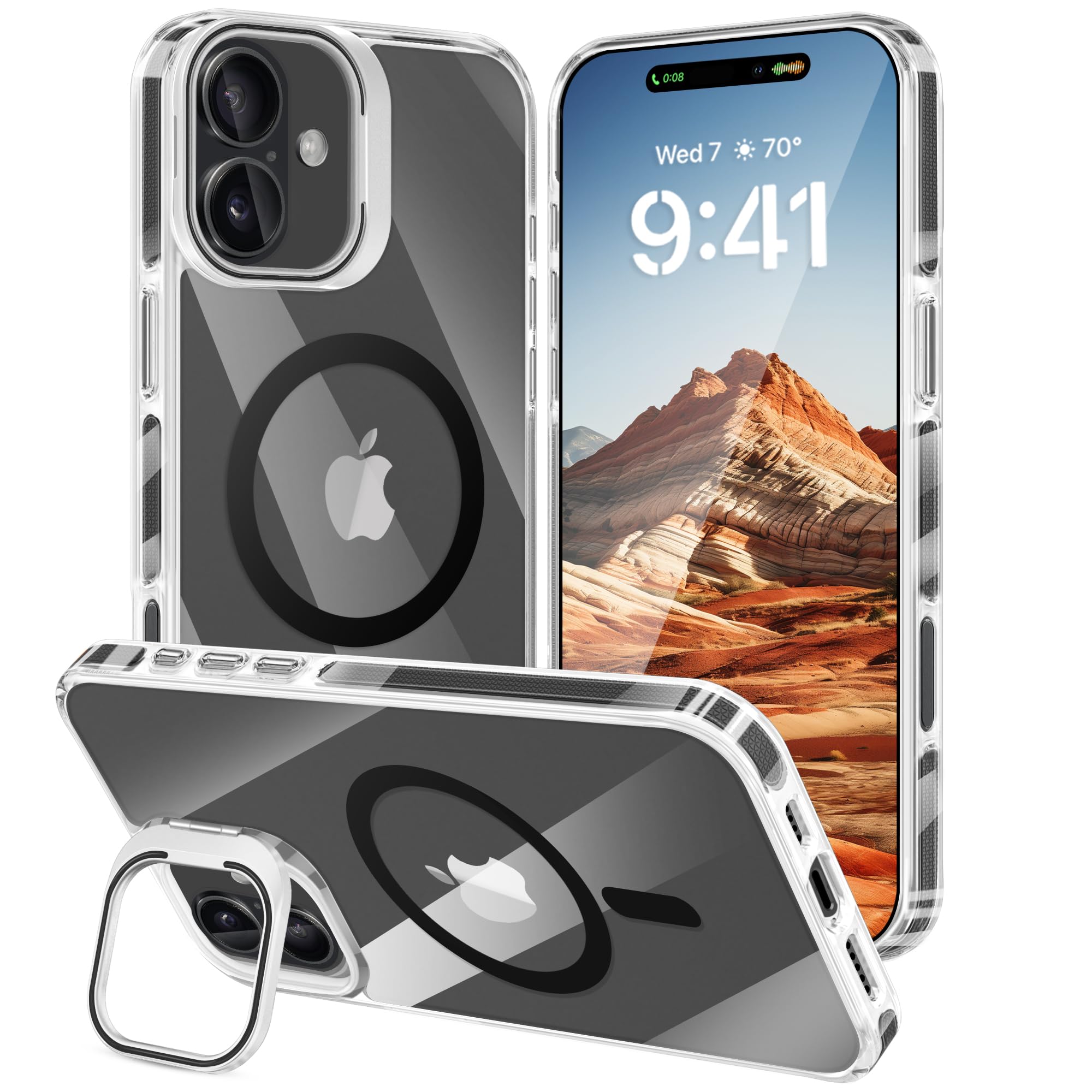 Fingic for iPhone 16 Plus Case[Compatible with MagSafe][Built-in Stash Stand] Military-Grade Protective Case Slim Anti-Yellowing Shockproof