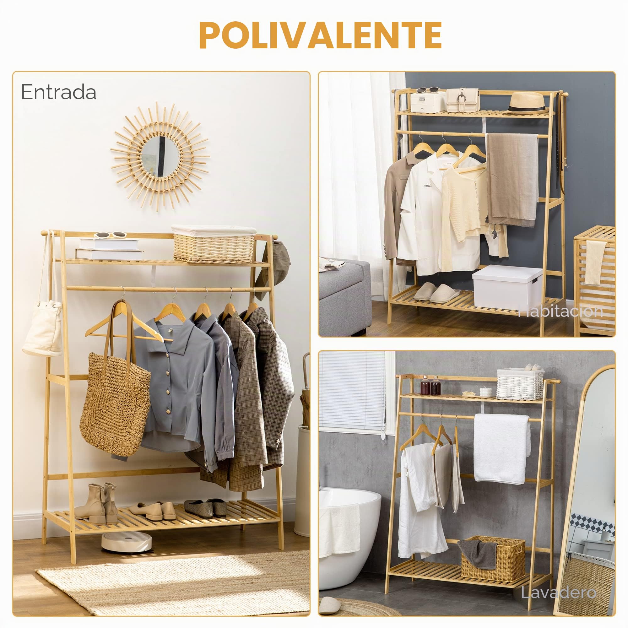HOMCOM Perchero de Pie de Bambú Perchero para Ropa con 2 Estantes de Almacenaje 2 Ganchos Laterales y Barra Colgante para Entrada Dormitorio Oficina 114x40x139 cm Natural