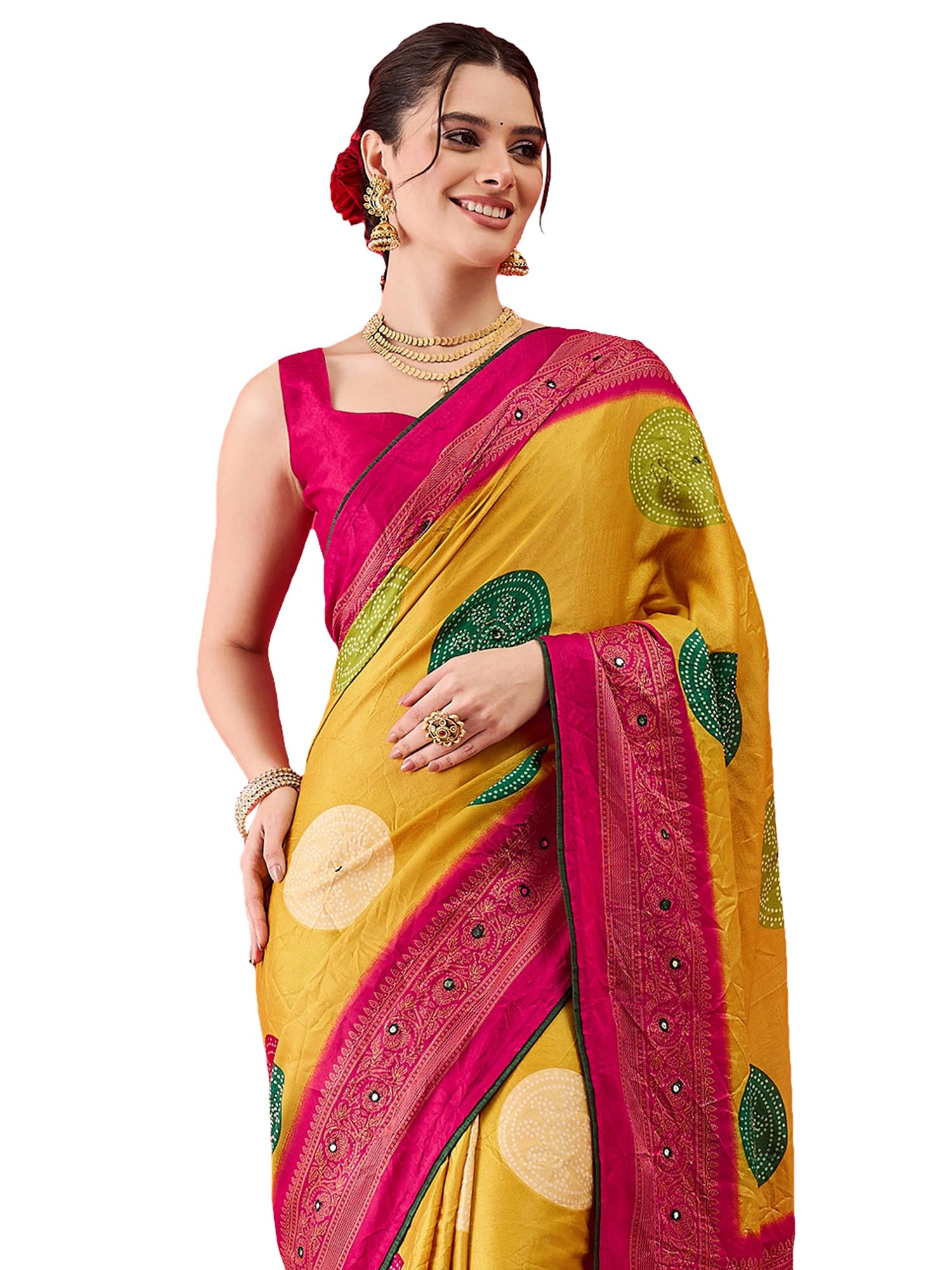 saree mall Women's Yellow Georgette Bandhani Print Mirror Work Saree With Unstitched Blouse Piece(MDHUBLA1001_SE_SM)-picture-19