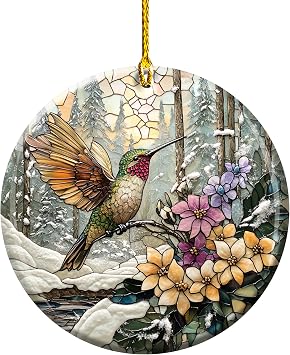 Hummingbird Christmas Ornament Style Winter Scene with Flowers Ceramic Round Holiday Decoration for Xmas Tree, Bird Lovers & Nature-Inspired Gifts HC-65