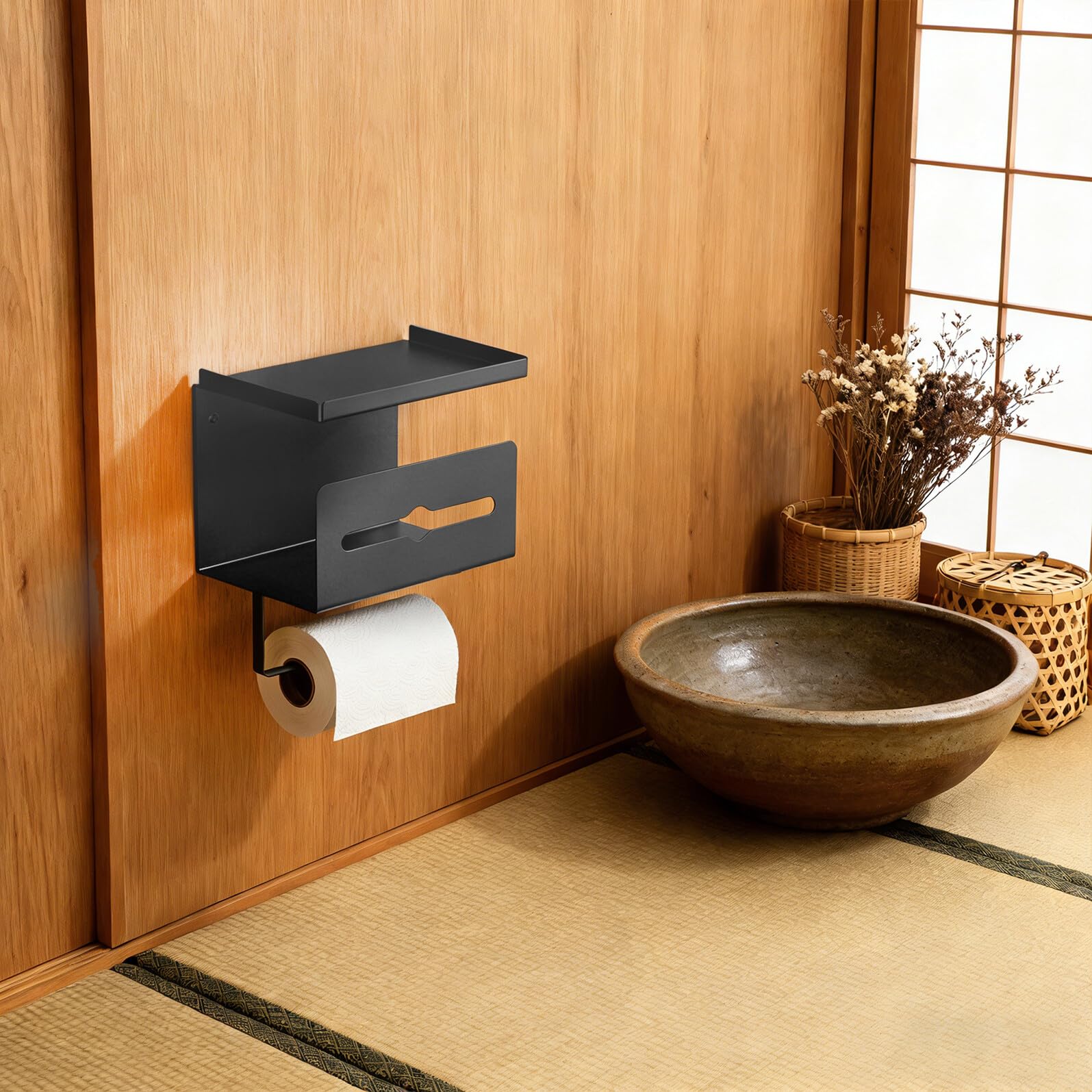 Portarotolo Carta Igienica da Muro con Mensola Telefono | Acciaio al Carbonio, Doppio Strato, Design Moderno, Montaggio a Parete, Uso Bagno e Casa