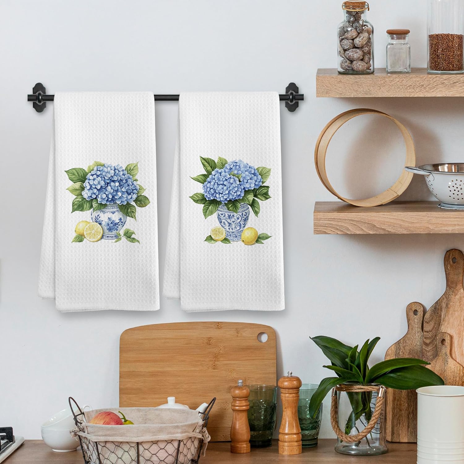 Vintage Chinoiserie Hydrangea Lemon Decor Kitchen Towels and Dishcloths Sets of 2, Grand Millenial Blue and White Hydrangea Floral Decor Dish Hand Tea Towels for Bathroom Kitchen, 16x24 Inch - Image 2