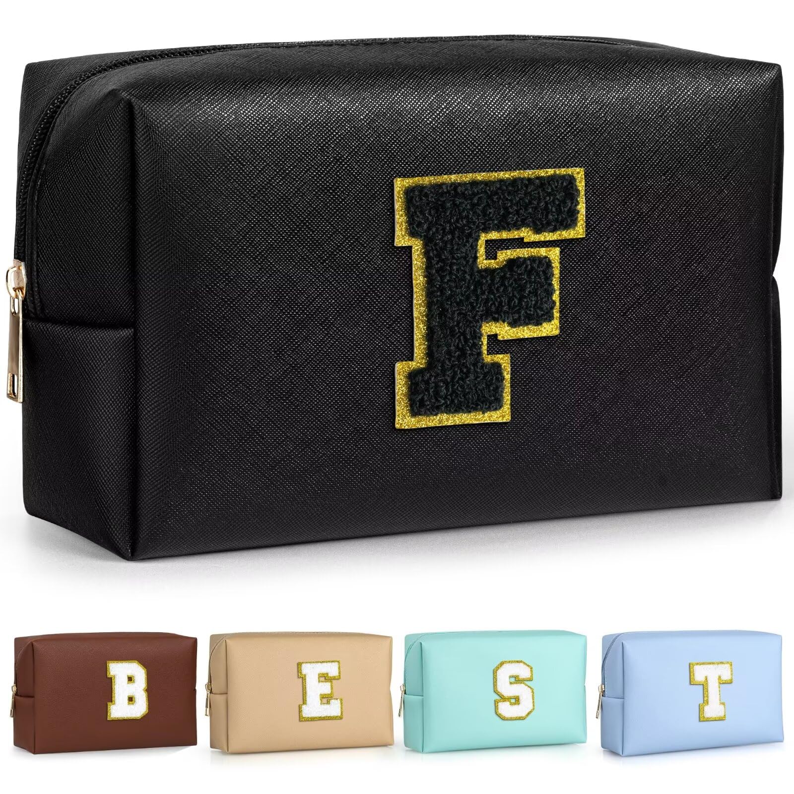 TOPEAST Preppy Makeup Bag, Small Cosmetic Travel Bags for Women, PU Leather Waterproof Toiletry Bag with Zipper, Personalized Birthday Gift for Women