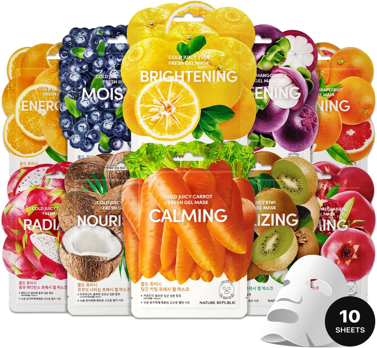 Nature Republic Cold Juicy Fresh Mask Set (10 Pack) | Hydrating & Moisturizing Vegan Sheet Mask for Glowing Skin, Korean Skin Care for All Skin Types, Daily Skincare Routine