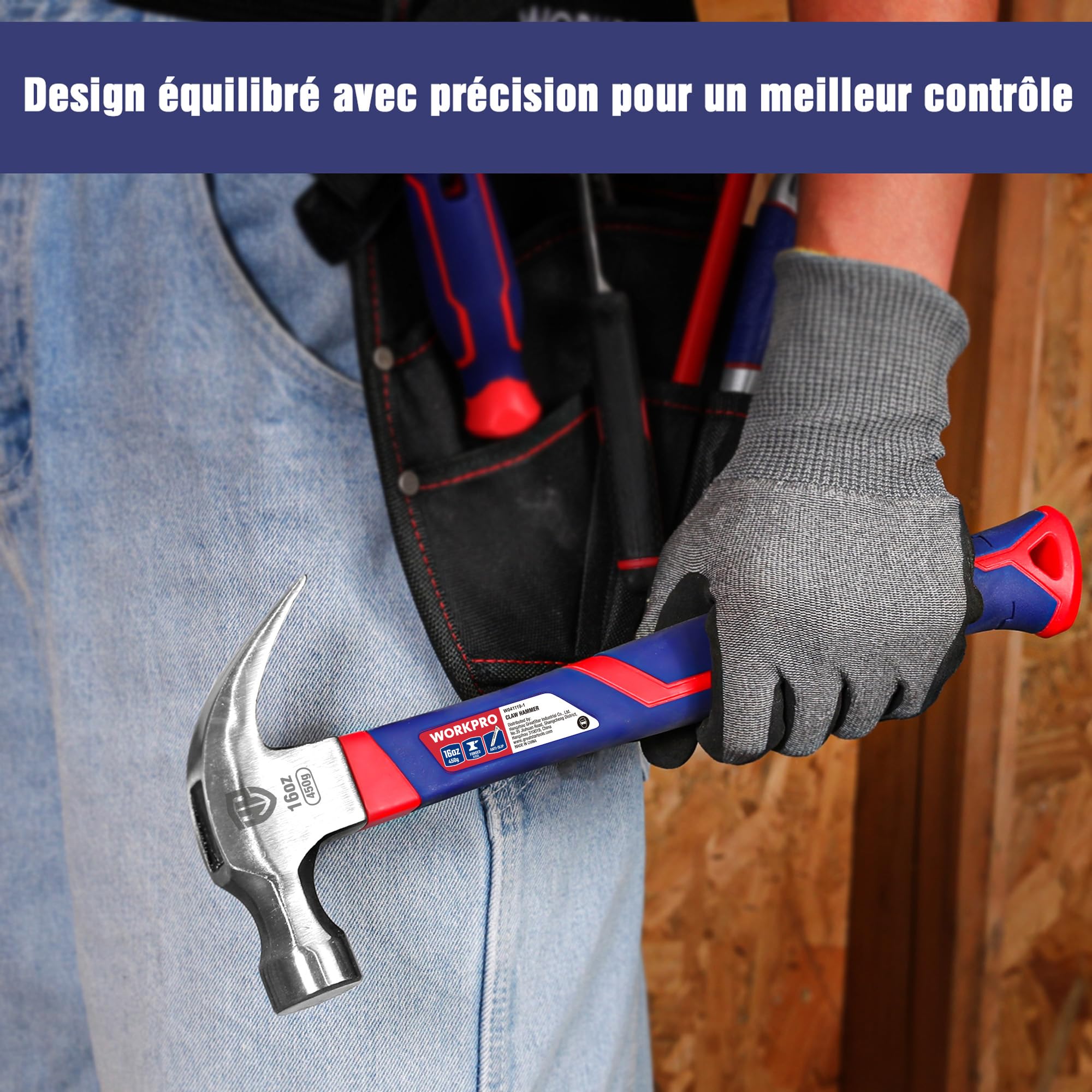 WORKPRO Lot de 2 Marteaux de Charpentier avec Arrache-Clou et Manche en Fibre de Verre, Marteau à Griffes pour Travaux du Bois, Rénovation et DIY