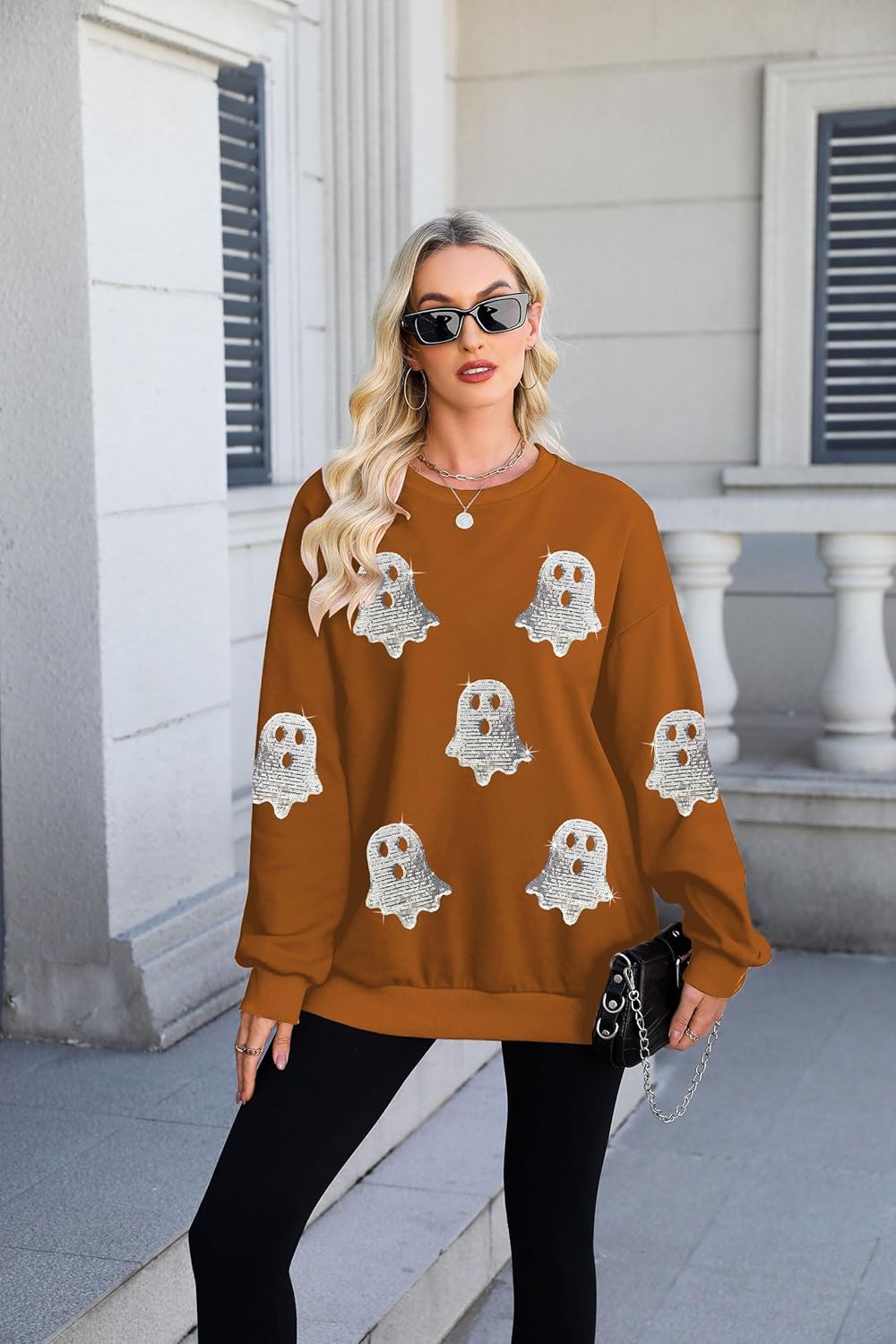 Halloween Sweatshirts for Women Sequin Ghost Long Sleeve Shirt Oversized Spooky Season Pullover Tops - Image 3