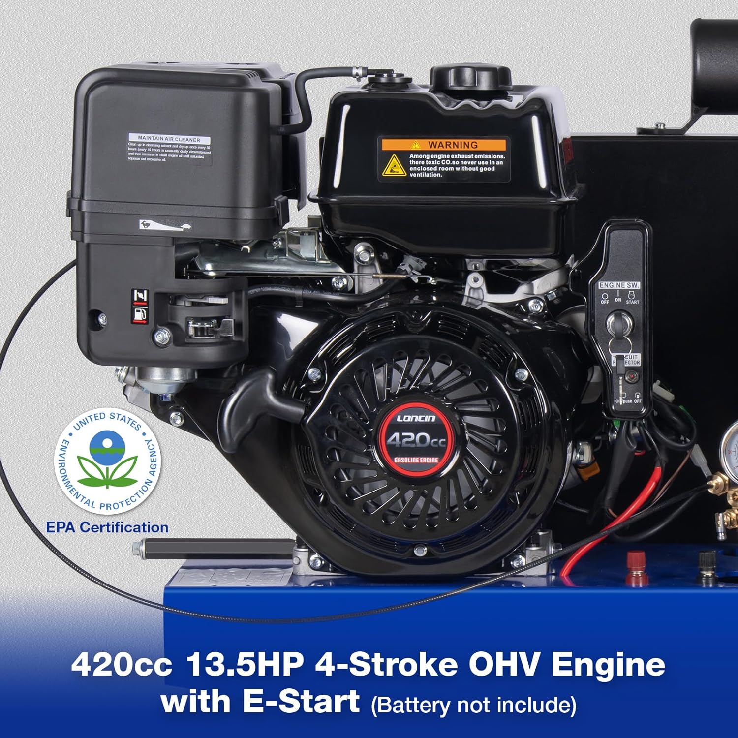 BILT HARD 13.5HP 30 Gallon Gas Powered Air Compressor with ASME Tank, 2-Stage 3 Cylinders W-Type Pump, 180PSI Max Pressure, 24 SCFM @ 90 PSI, with Electric Start for Construction Sites Workshop