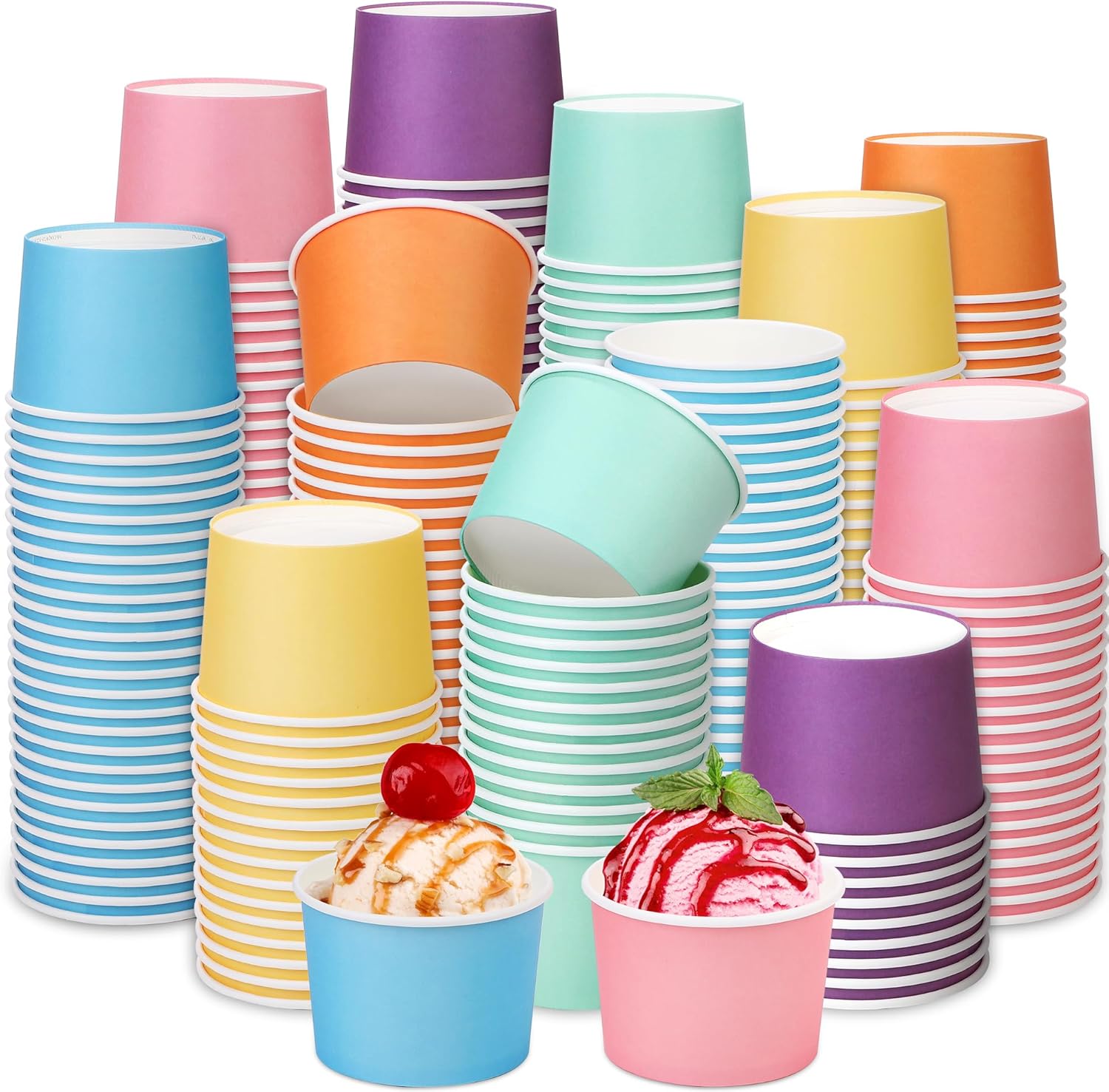 Aodaer 300 Pieces Paper Ice Cream Cups 8 oz Disposable Dessert Bowls 6 Colors Ice Cream Containers Hot and Cold Food Bowls Summer Party Treat Cups for Frozen Yogurt, Dessert, Sundae