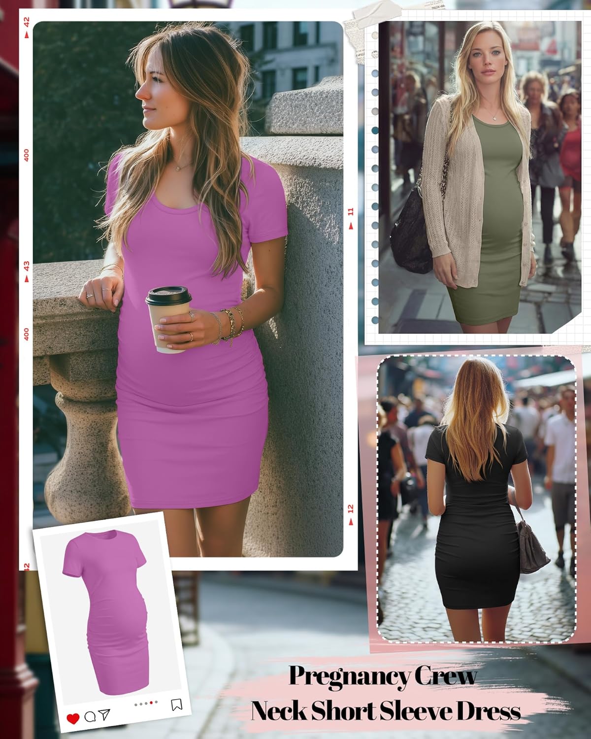 Riyiper 3 Pack Women's Maternity Dresses, Short Sleeve Pregnancy Dress Side Ruched Crew Neck Knee Length Mama Clothes - Image 4