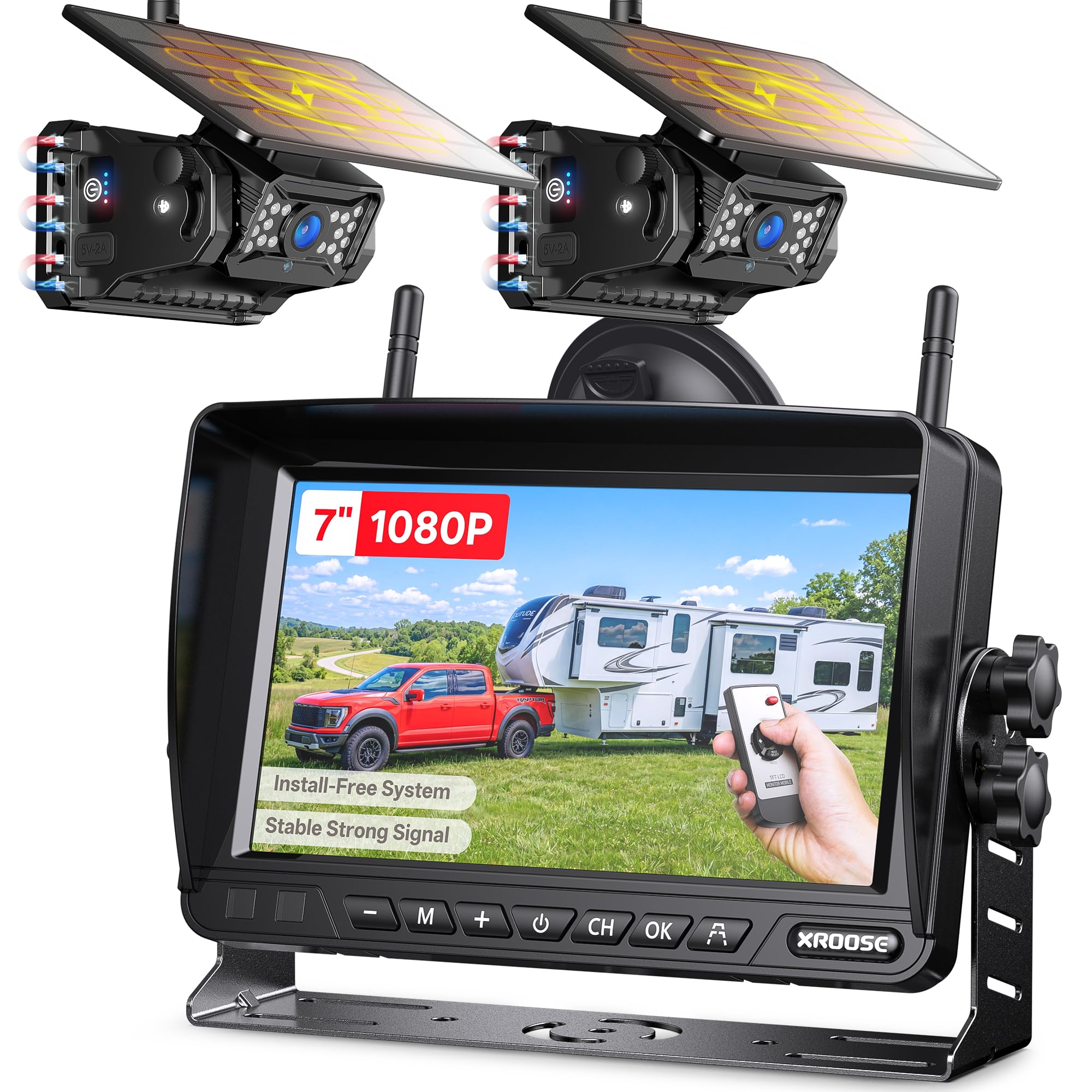 1-Min Install Solar Wireless Backup Camera for Trailer,7" IPS DVR Monitor with Remote Control,25H Life 4CH Dual Magnetic No Wiring,15000mAh,Loop Recording&amp;IP69K Night Vision for Truck Camper