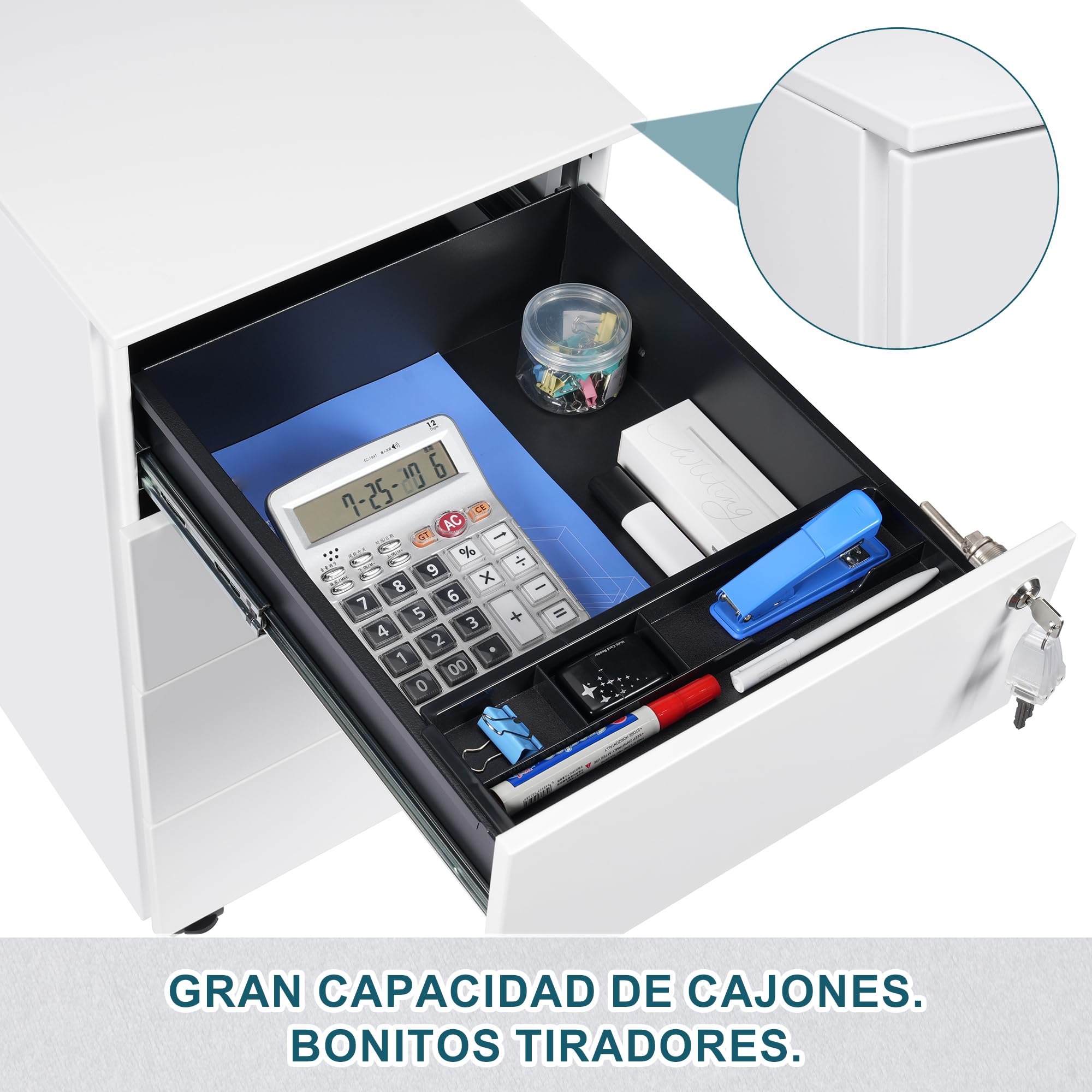 Archivador Móvil de 4 Cajones, Cajonera con Cerradura, Archivador Dbajo del Escritorio Para Oficina, Completamente Ensamblado, Con 4 llaves
