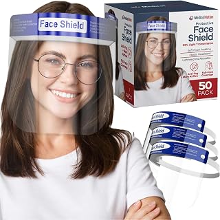 50 Pack Face Shields | Clear Plastic Face Shield for Women, Men & Kids, Anti-Fog, Lightweight Reusable Full Face Shield Mask, Safety Visor Cover with Comfortable Sponge & Elastic Band