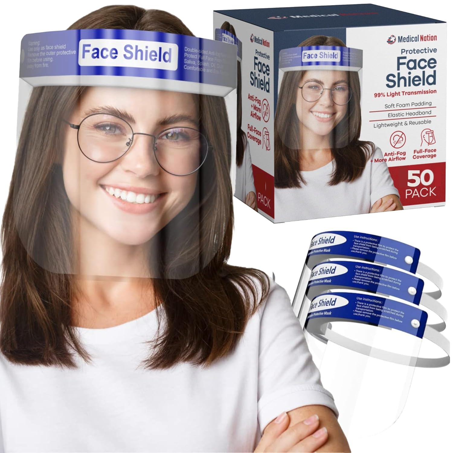 Medical Nation 50 Pack Face Shields | Clear Plastic Face Shield for Women, Men & Kids, Anti-Fog, Lightweight Reusable Full Face Shield Mask, Safety Visor Cover with Comfortable Sponge & Elastic Band