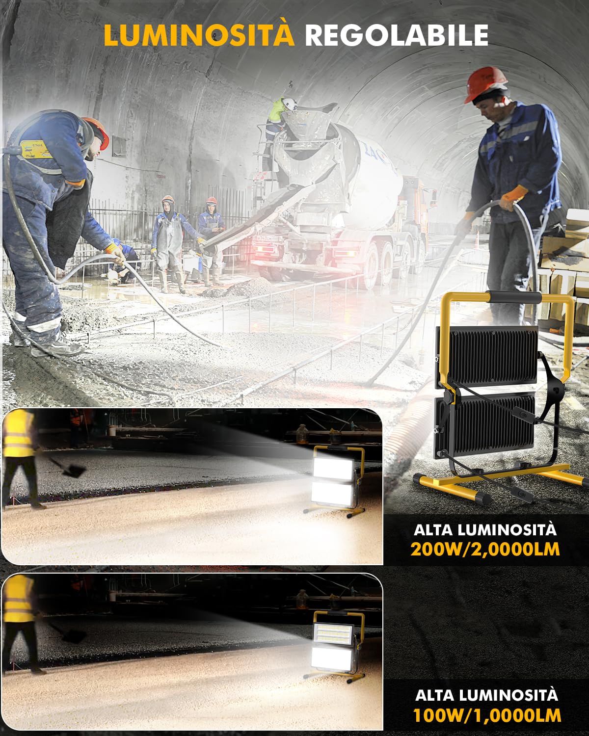Faretto Led da Cantiere 200W 20000LM Faretti area di lavoro Faro LED Esterno - IP66 Impermeabile Portatile Proiettori con Spina e Staffa, Rotazione 360° Lampada per Edilizia Garage Officina