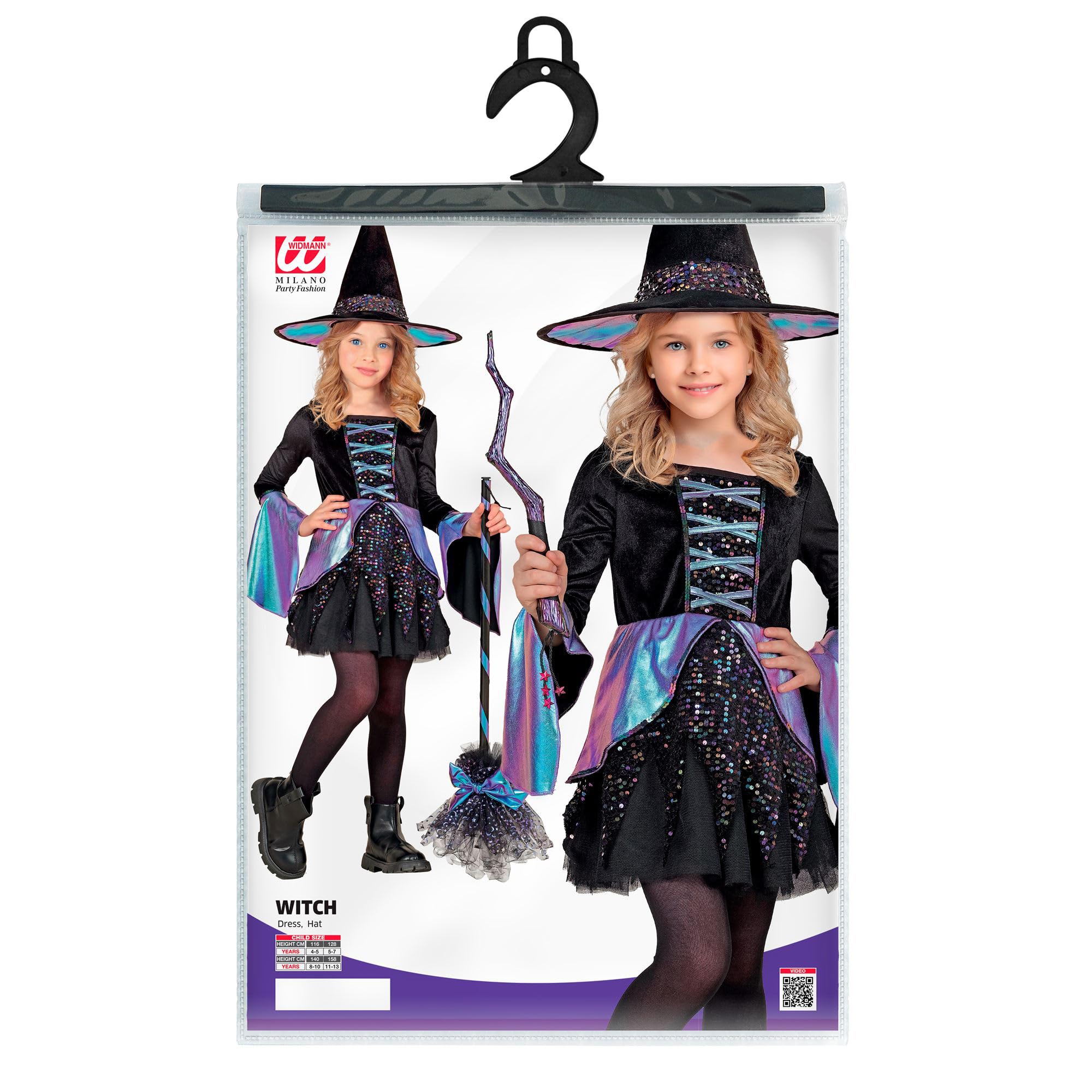 W WIDMANN MILANO Party Fashion – kostium czarownicy dla dziewczynki, sukienka i kapelusz w zestawie, magiczny strój na Halloween i karnawał