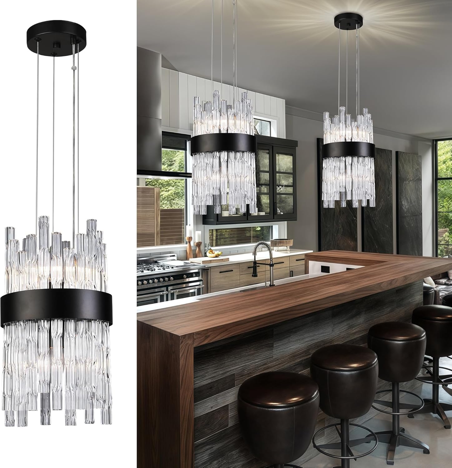 Modern Black Pendant Light, Elegant Water Ripple Glass Shade, Height Adjustable Kitchen Island Chandelier for Dining Table, Bedroom