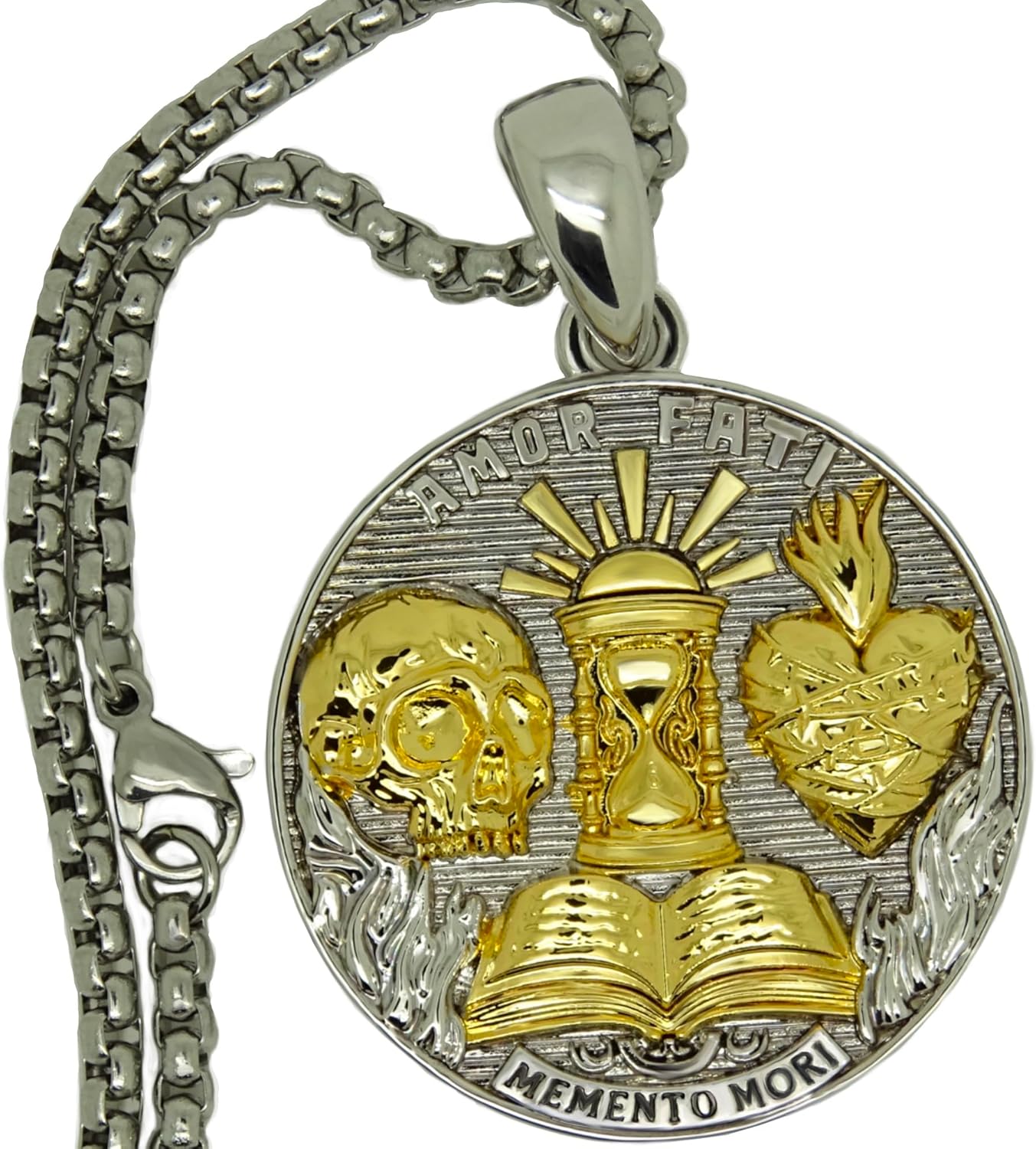 Amor Fati Memento Mori Pendant Necklace, Gold Plated Brass Stoic Medallion, Skull and Sacred Heart, Stoicism Gift for Men and Women