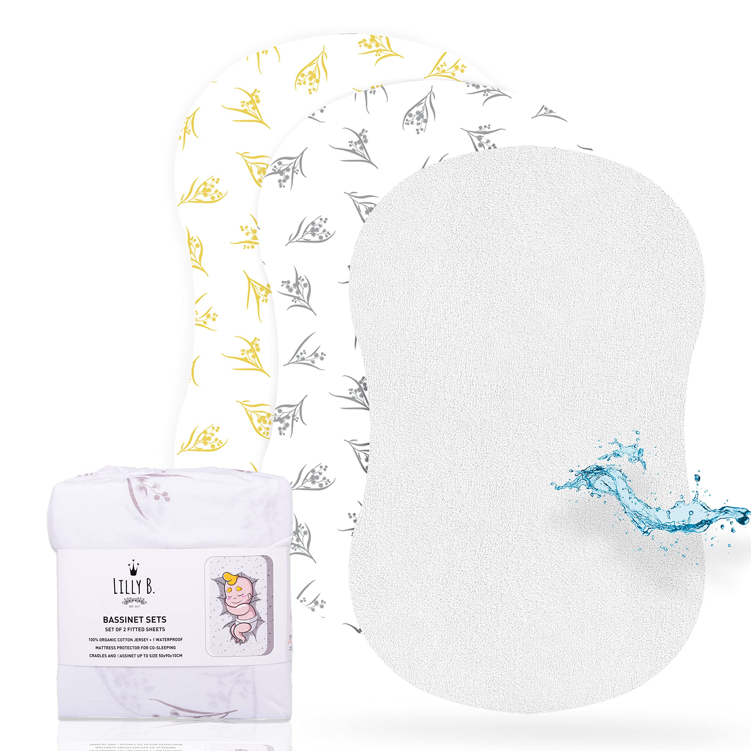 Lilly B. Organic GOTS Bassinet Sheets 2+1 Waterproof Protector fits All Shapes up to 16x33 Certified by GOTS & OEKOTEX Gender Neutral for All Bassinets - Mimosa