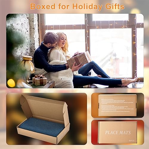 Miniatura 6 de Juego de 8 manteles individuales de tela color azul, doble grueso, fácil de limpiar, manteles individuales de estilo lino, lavables a máquina,